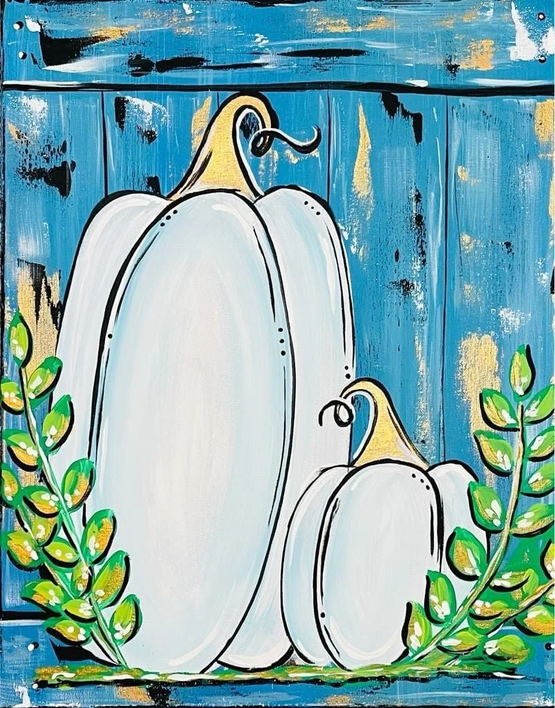 Painting of two white pumpkins with yellow stems, surrounded by green leaves, against a distressed blue wooden background.