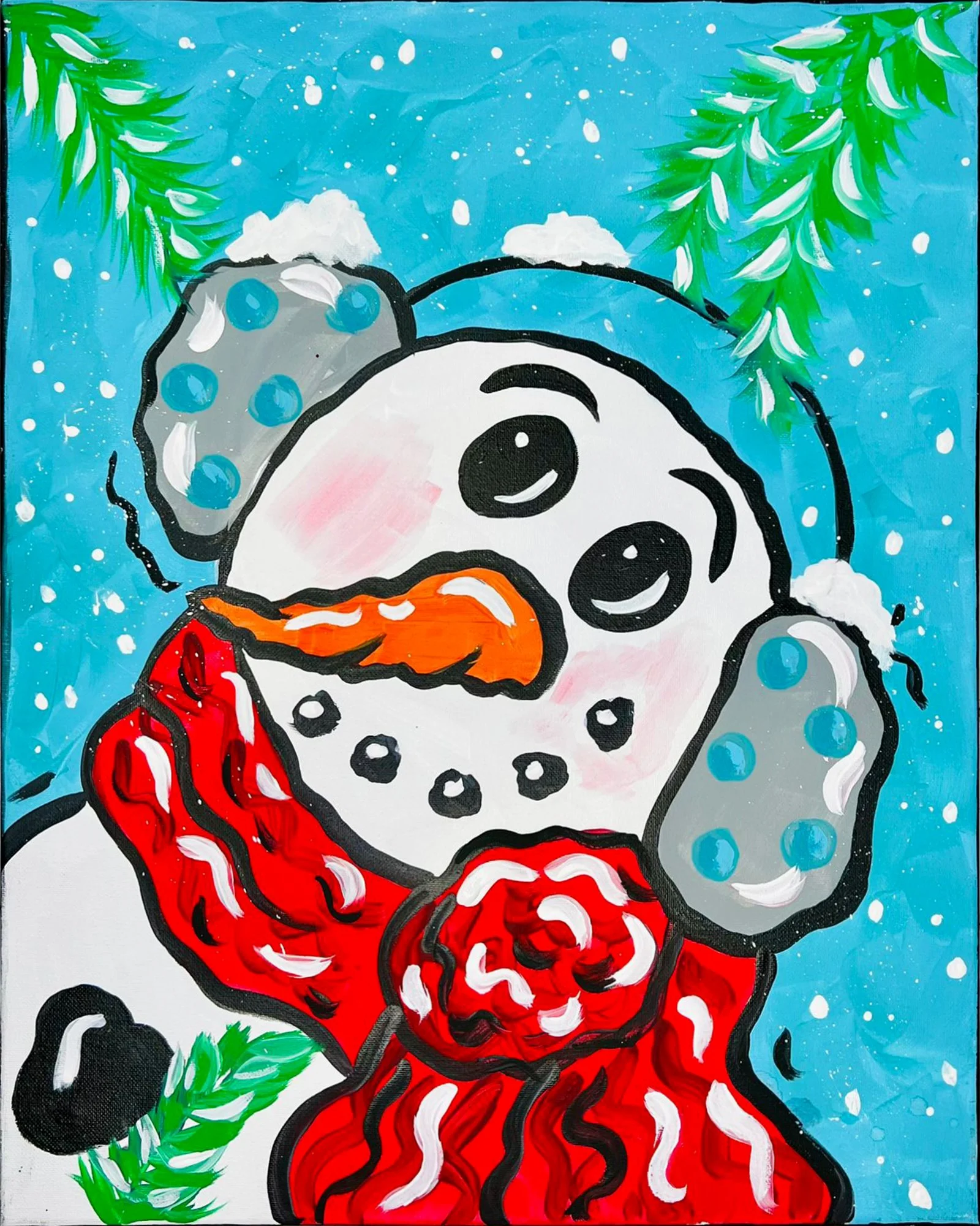 A colorful, cartoon-style painting of a snowman with big black eyes, pink cheeks, and an orange carrot nose. The snowman is wearing a gray hat with blue dots, a red scarf, and has green pine branches at the top corners. Snow is falling in the background against a bright blue sky.