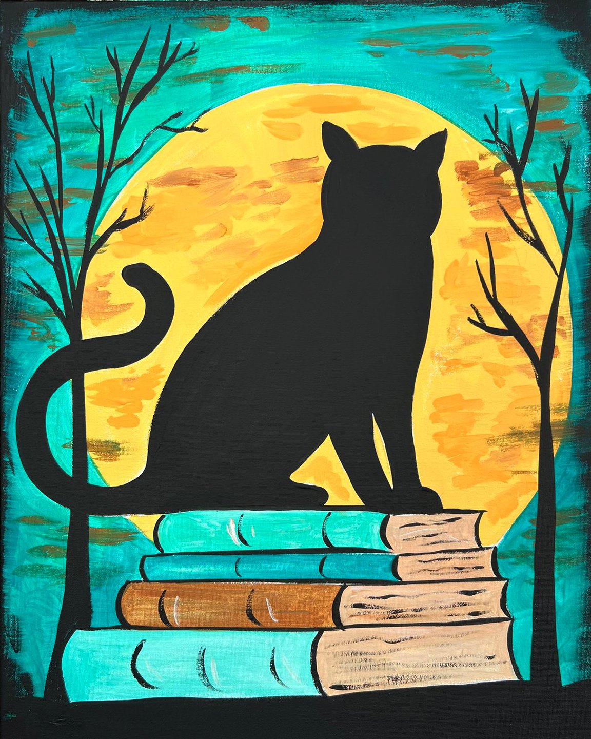 A painting of a black cat sitting on top of stacked books with a large yellow moon and a blue sky in the background. There are leafless trees on either side.
