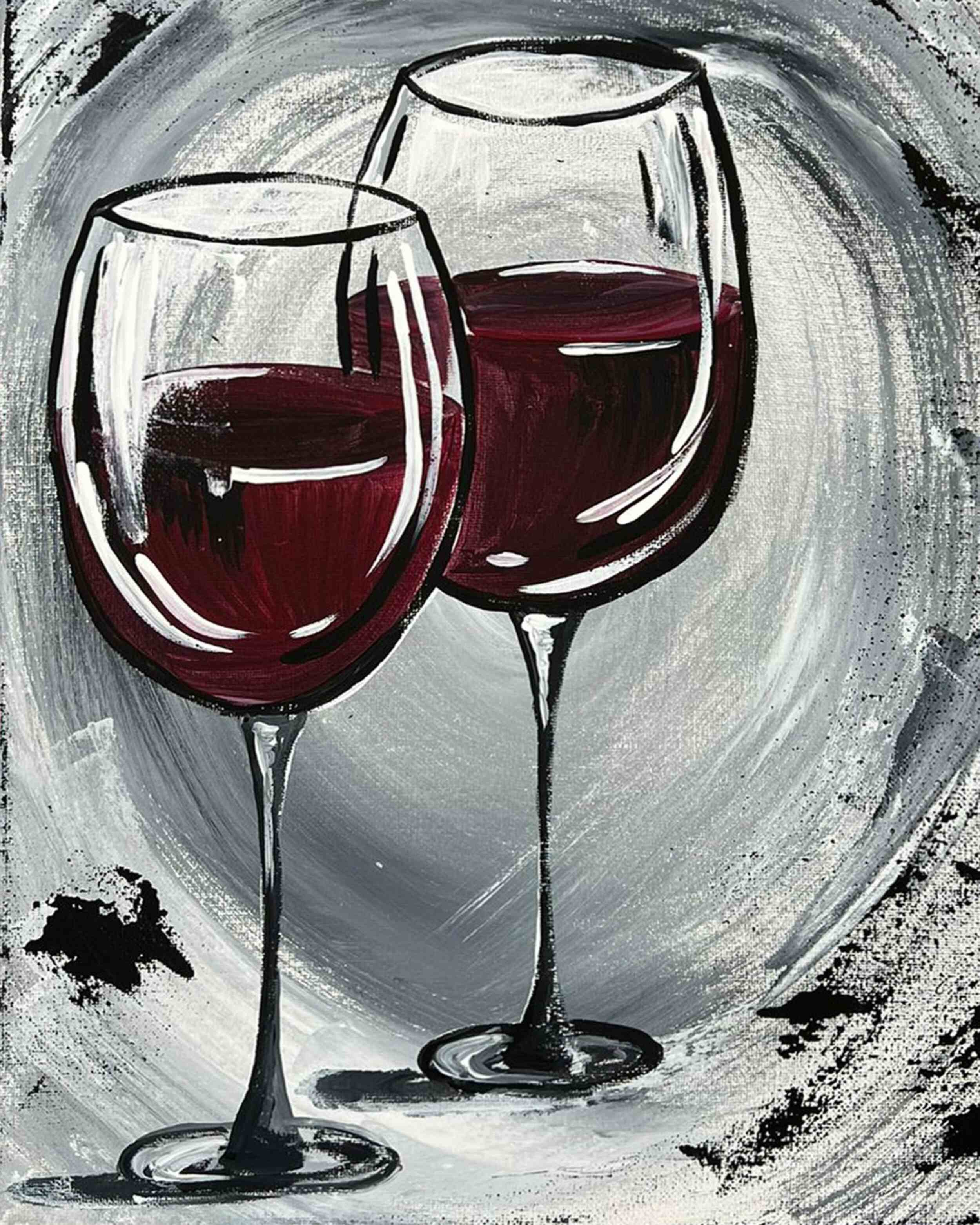 Painting of two wine glasses filled with red wine, with a gray and black abstract background.