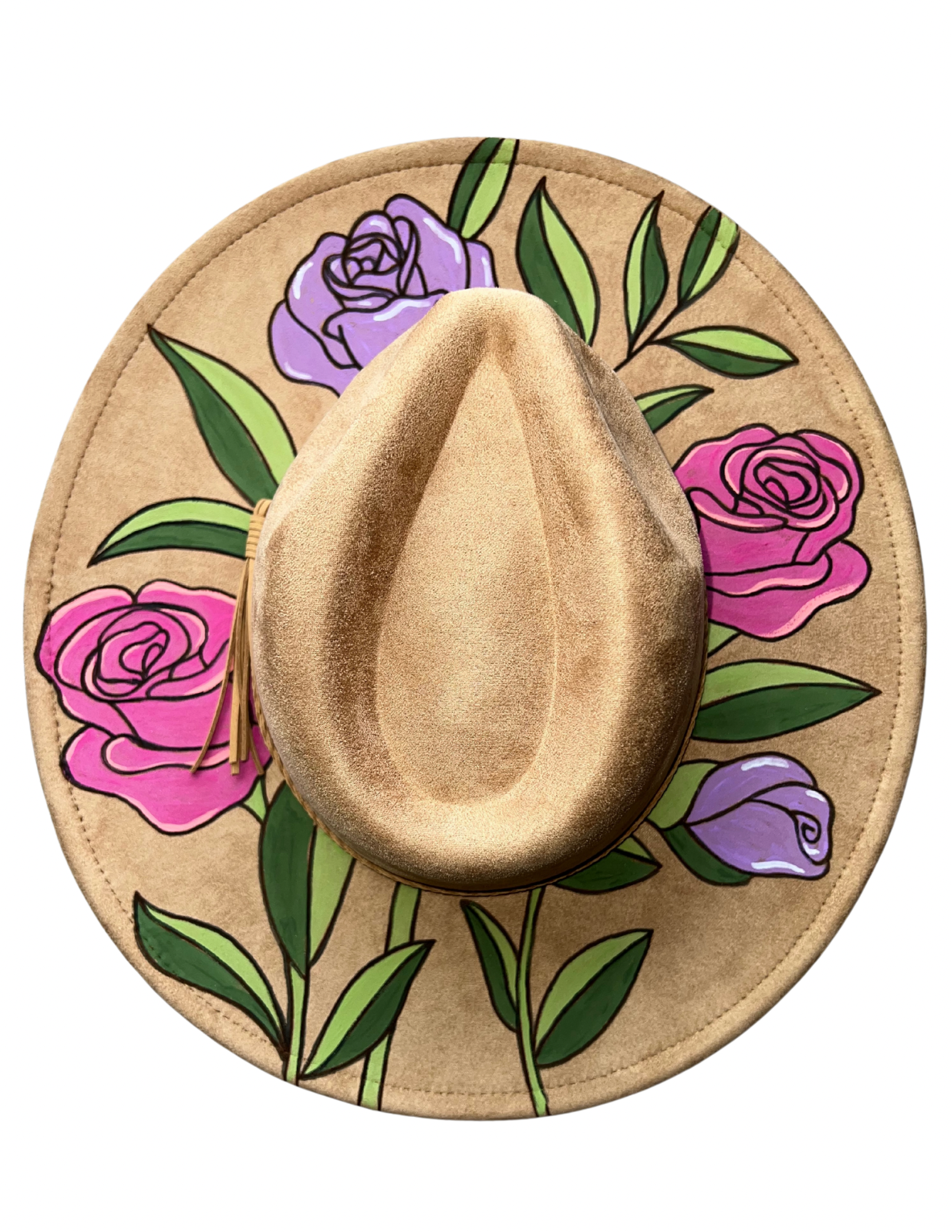 Beige cowboy hat on a floral painted hat band with pink and purple roses and green leaves
