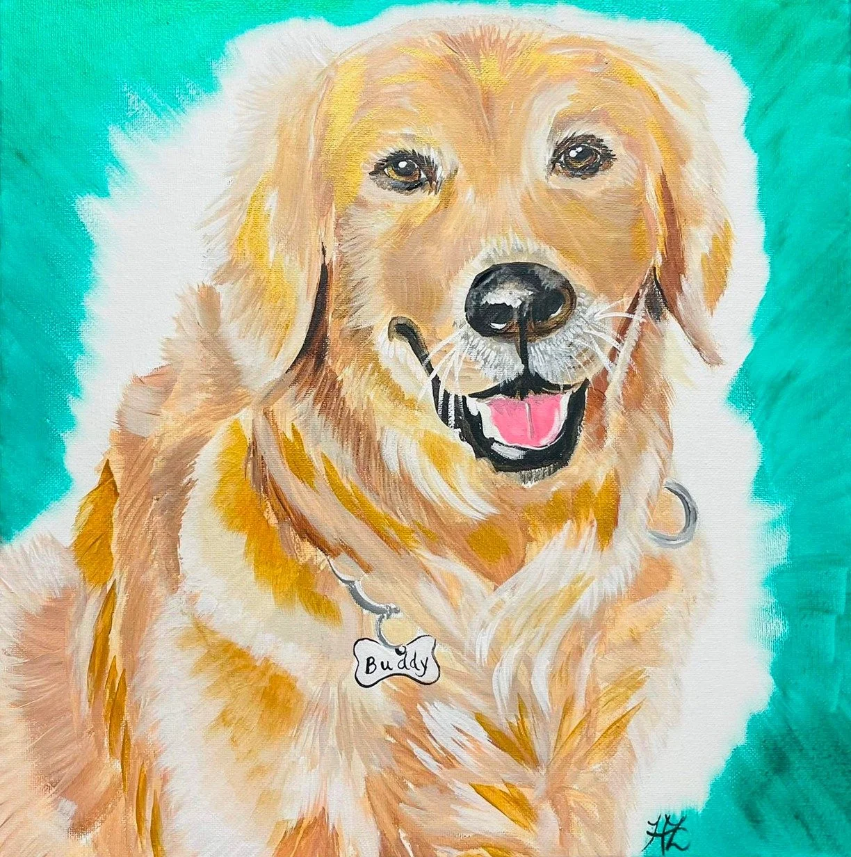 A painted portrait of a happy golden retriever named Buddy with a pink tongue, black nose, and collar with a bone-shaped tag.