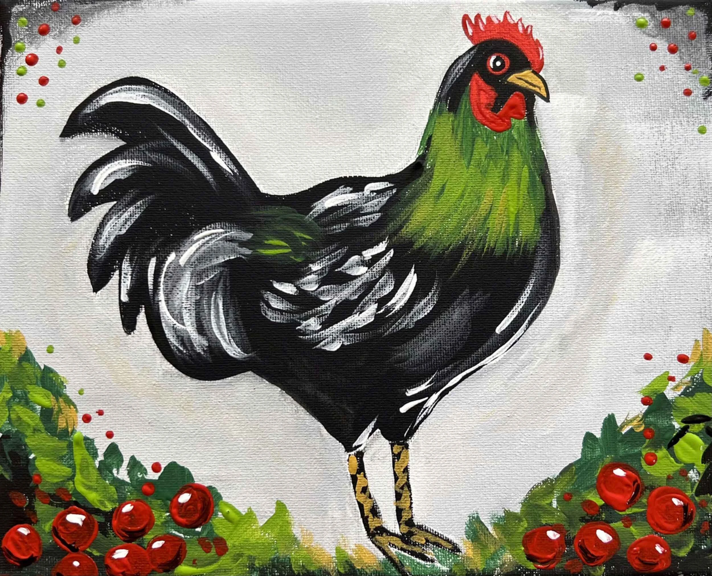Painting of a rooster with black, white, green, and red feathers, standing among green bushes with red and green berries.