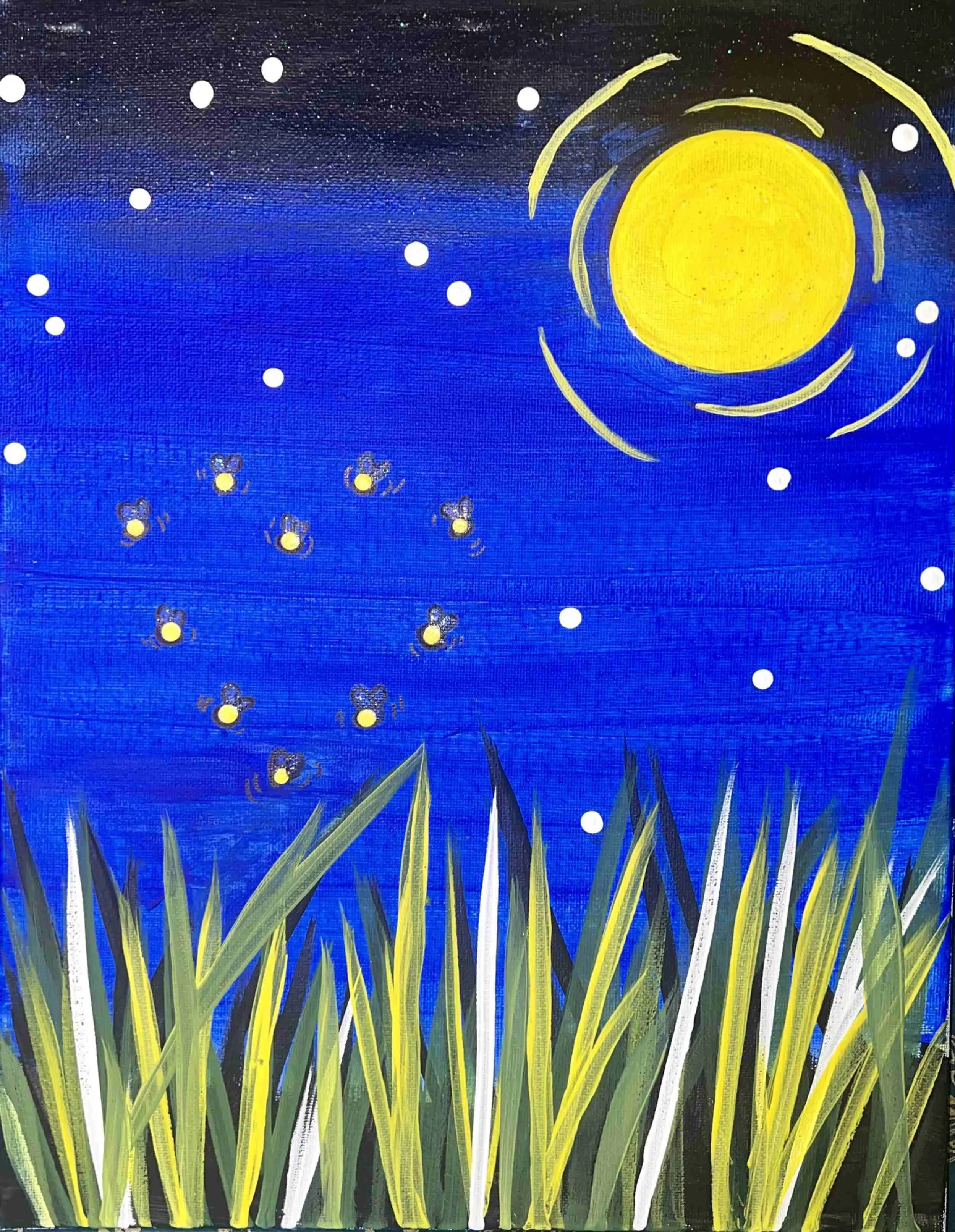 Colorful painting of a night scene with a large yellow moon, blue sky, white stars, and fireflies above green grass.