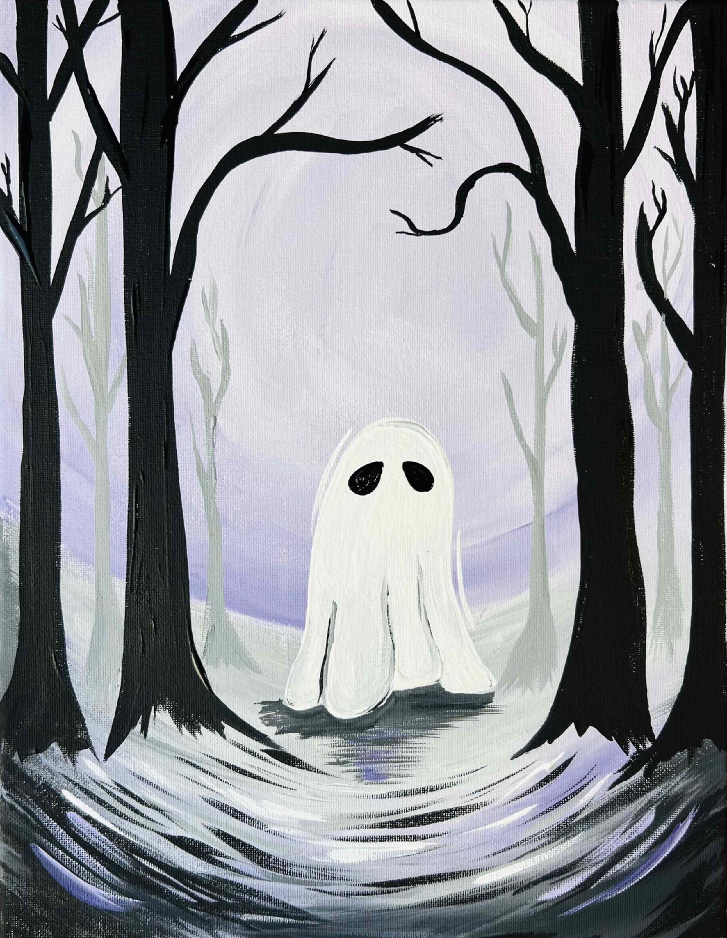 A spooky illustration of a ghost sitting on the ground in a dark, leafless forest with tall black trees and a misty, purple-hued background.