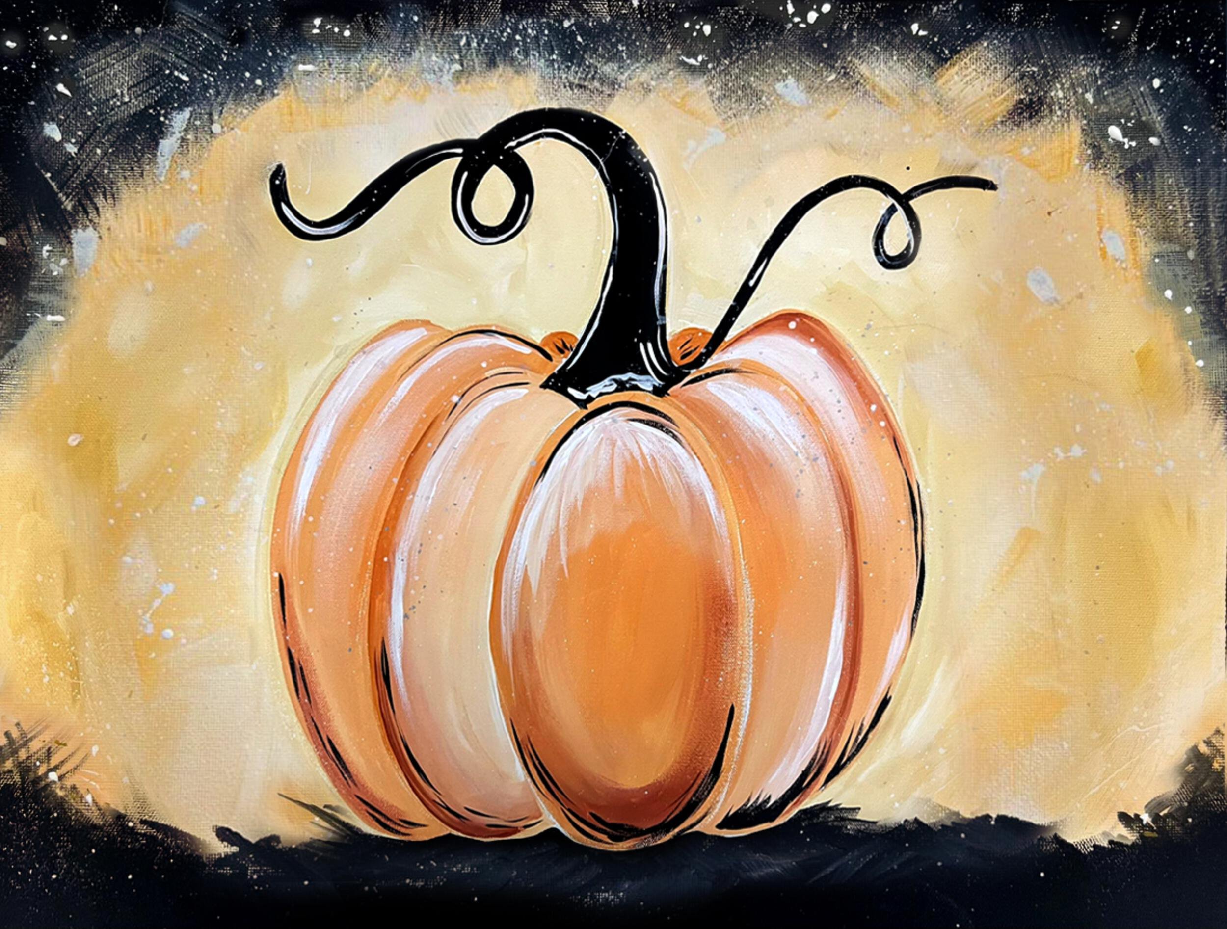 Painted pumpkin with black stem and curly tendrils, orange with white highlights, on a black and yellow background.