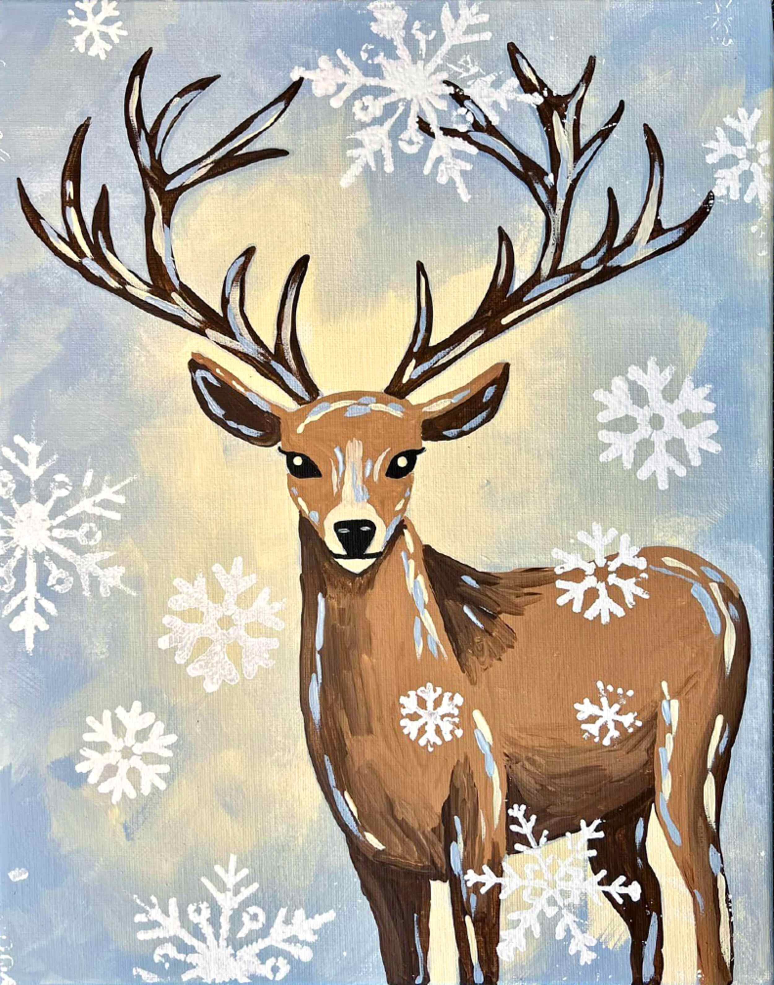 Painting of a deer with large antlers, surrounded by white snowflakes on a light blue background.