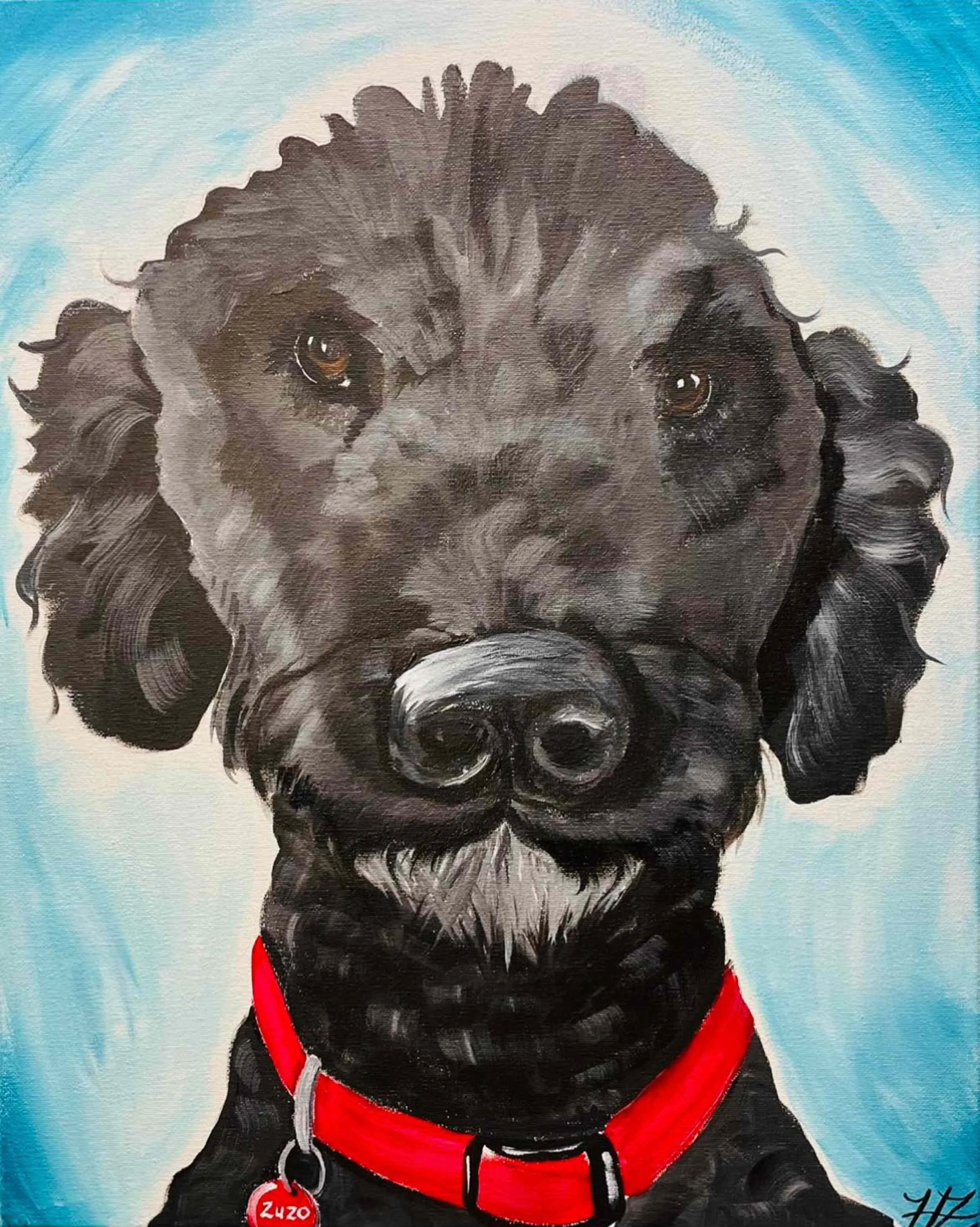 Painted portrait of a black dog with curly ears, wearing a red collar with a silver tag, against a blue and white swirling background.