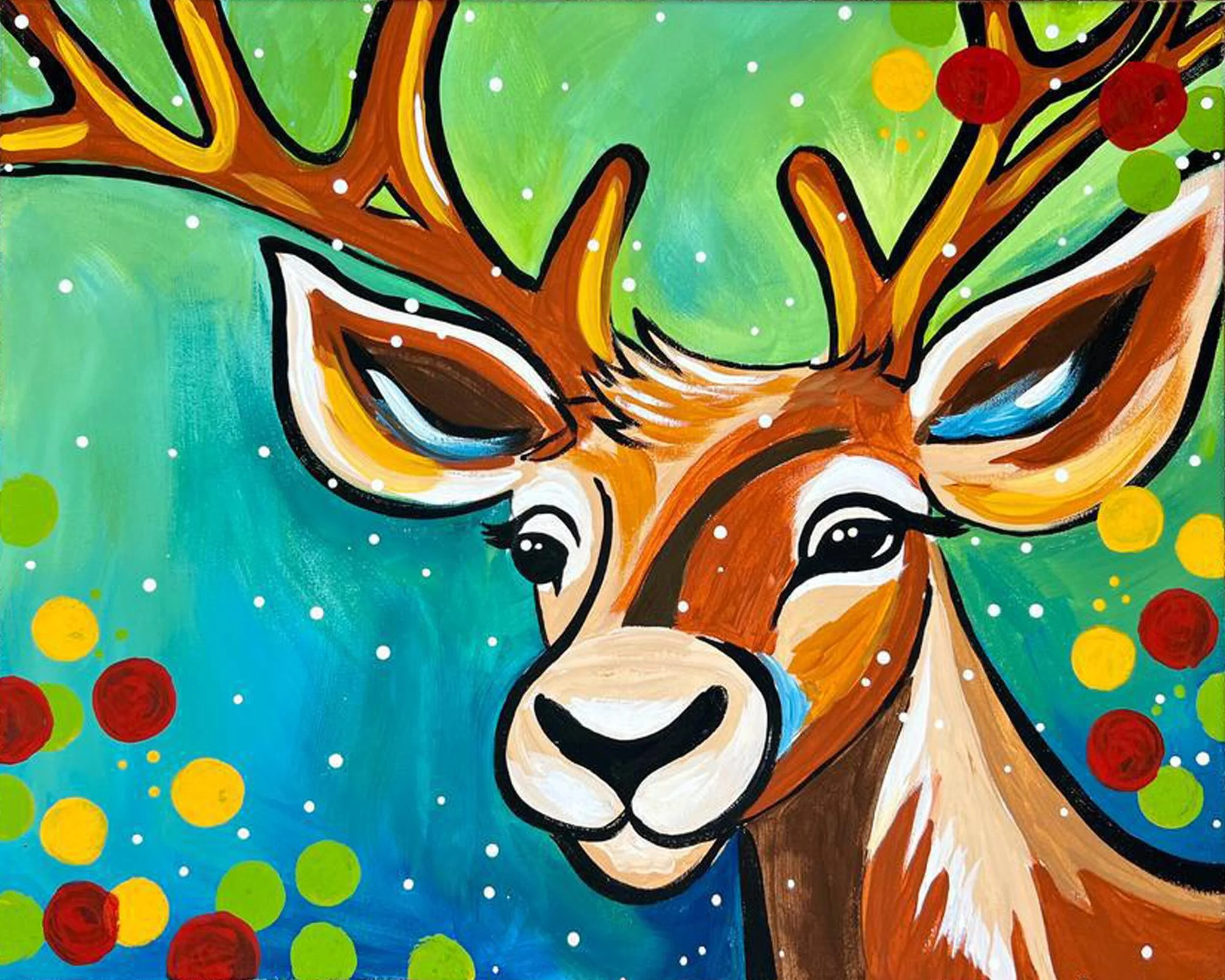 Colorful painting of a deer with antlers, set against a vibrant background with green, blue, yellow, and red dots and splashes.