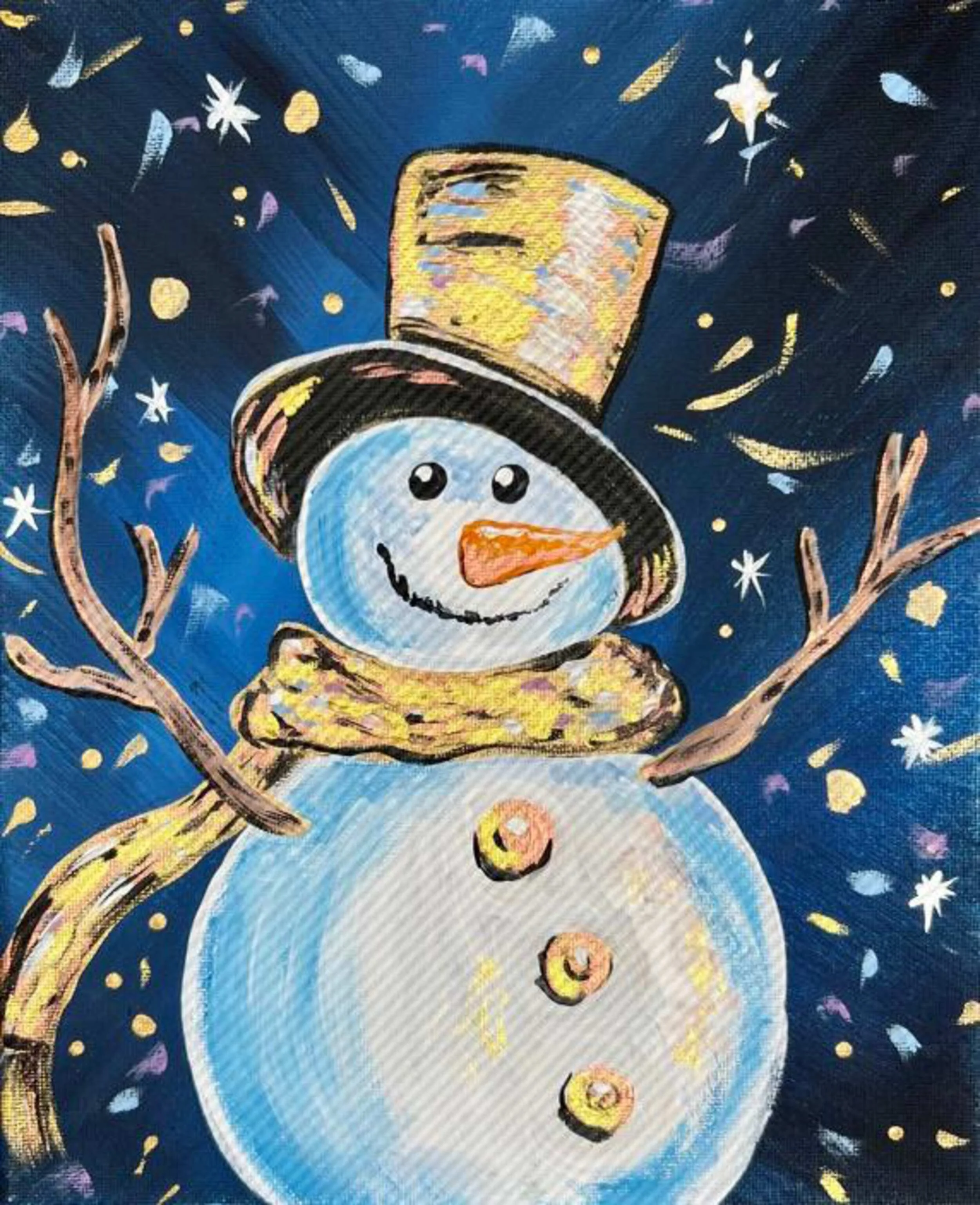 Colorful painting of a snowman with a black top hat, orange carrot nose, and a yellow scarf, surrounded by stars and snowflakes against a dark blue background.