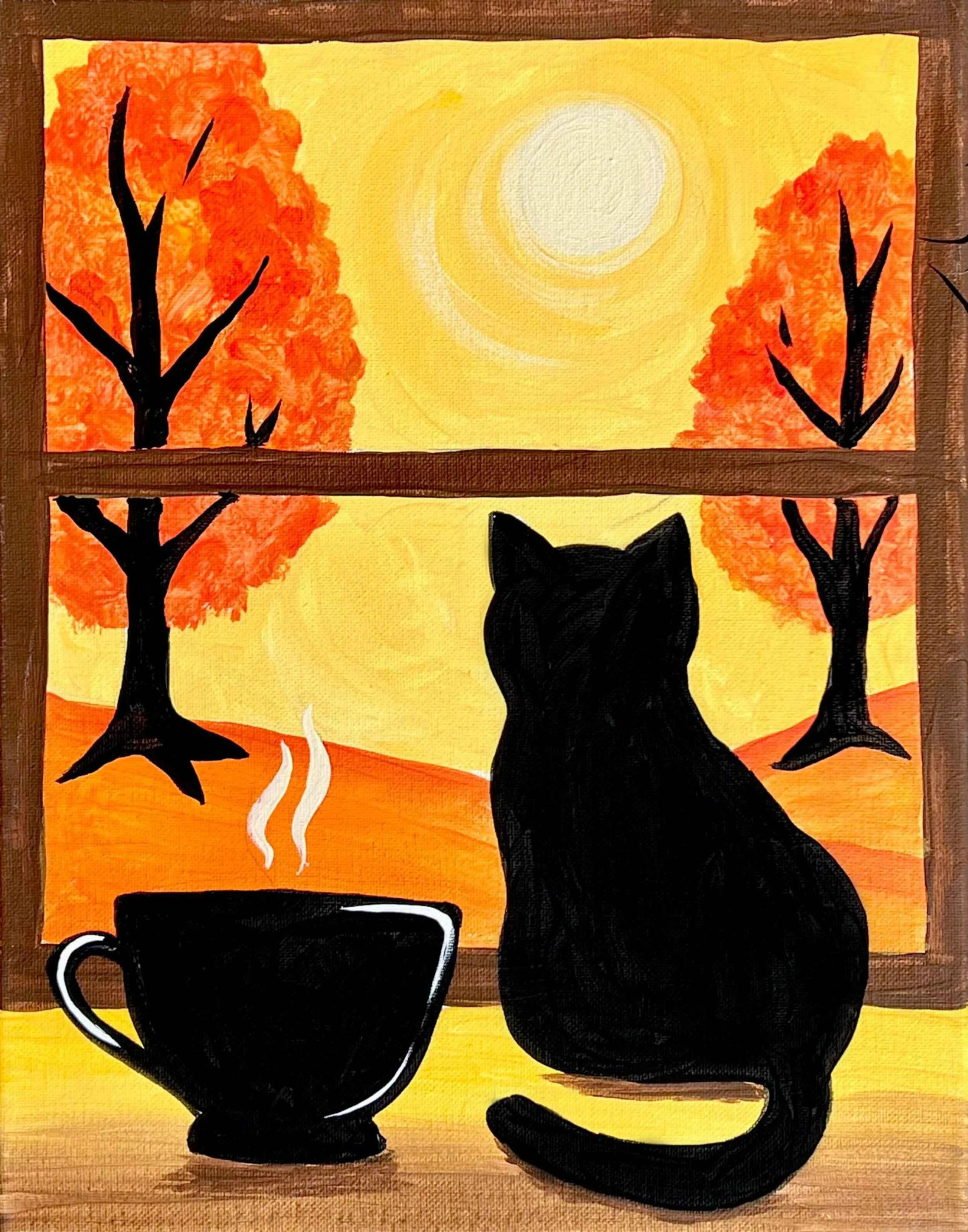 A painted scene of a black cat sitting on a windowsill, looking outside at a sunrise or sunset over autumn trees with orange leaves. A steaming cup of coffee or tea is beside the cat.
