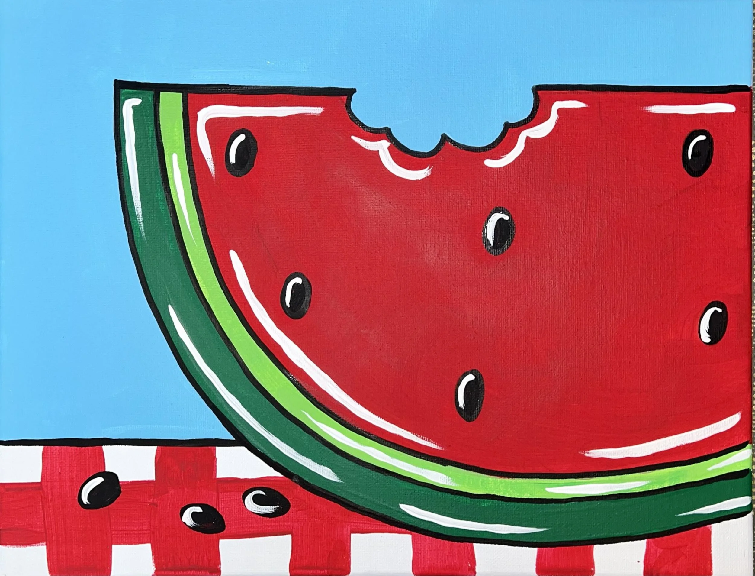 A colorful painting of a large slice of watermelon with seeds, set against a light blue background, resting on a red and white checkered surface.