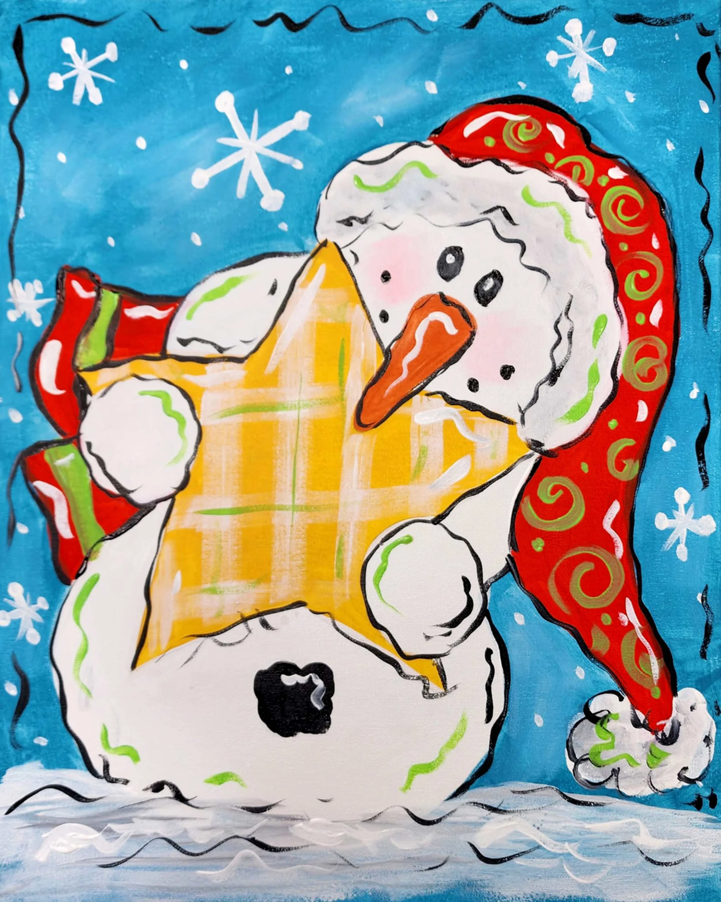 A cheerful snowman wearing a red and green Santa hat, holding a golden gift box wrapped with a yellow ribbon, set against a snowy background with snowflakes.