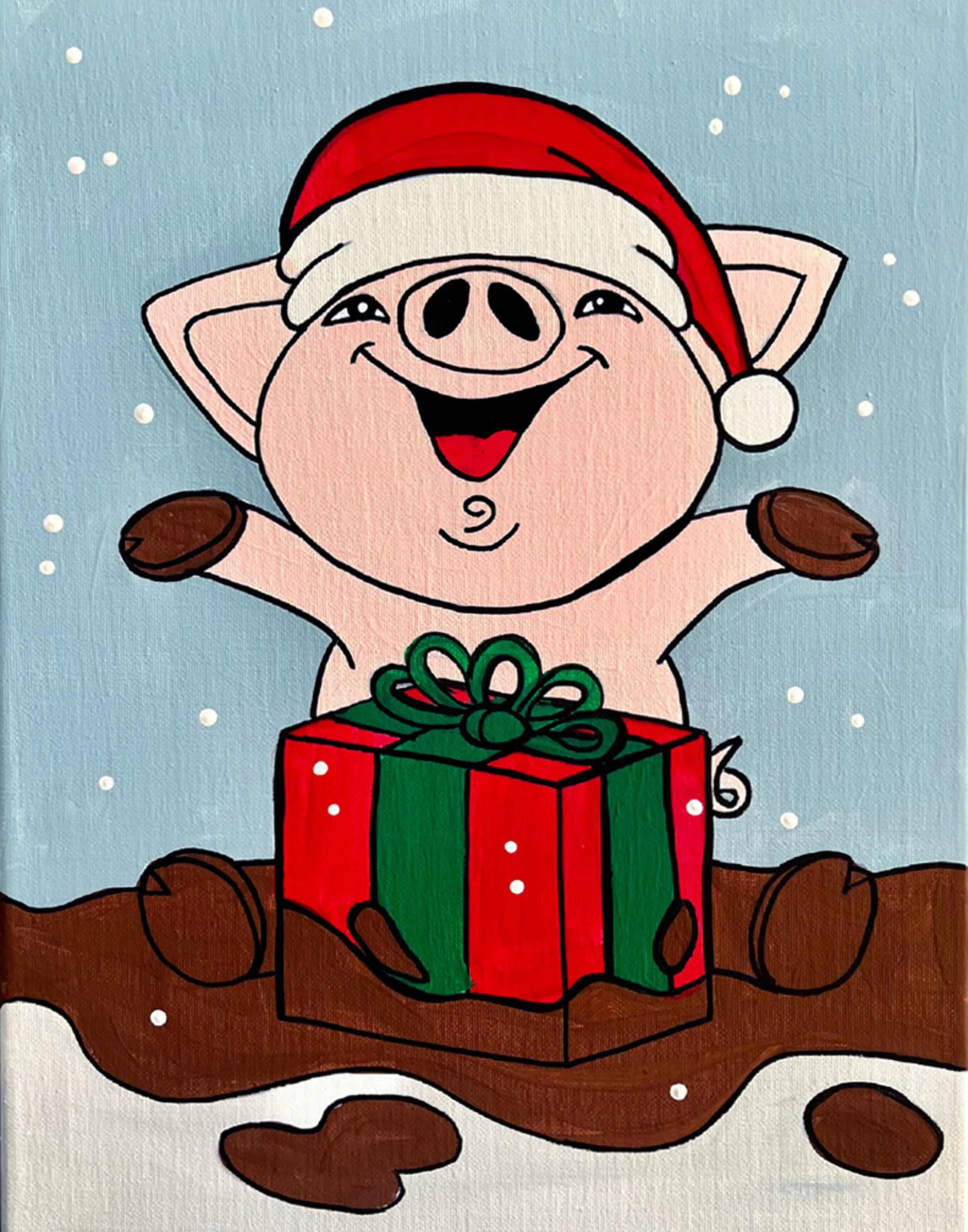 Cartoon pig wearing a Santa hat, smiling with arms raised, sitting on brown ground with snow, in front of a red gift box with green ribbon, during Christmas.
