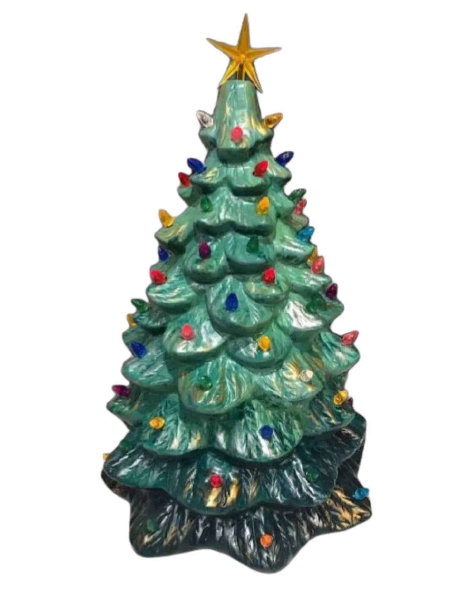 Decorative ceramic Christmas tree with multicolored lights and a gold star on top.