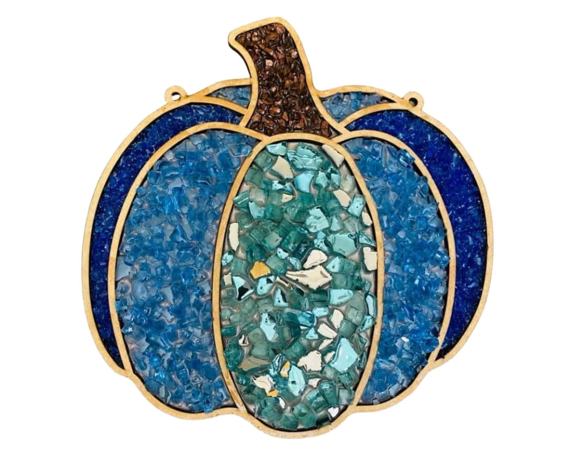 Decorative pumpkin made of colored glass pieces framed in gold.