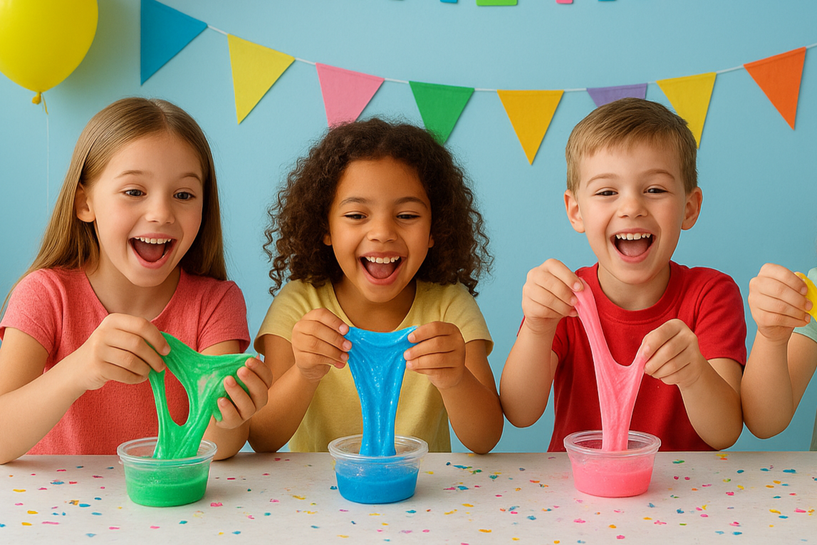Three children at a birthday party or celebration, playing with colorful slime, with a rainbow banner and balloons in the background.