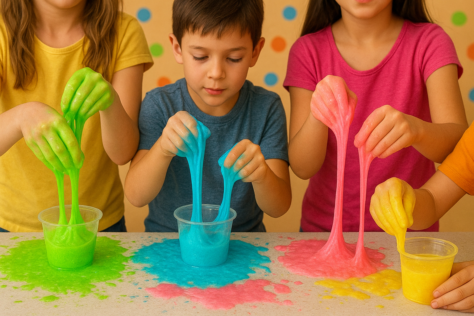 Children playing with colorful slime at a table covered with spilled slime in yellow, green, blue, and pink colors.