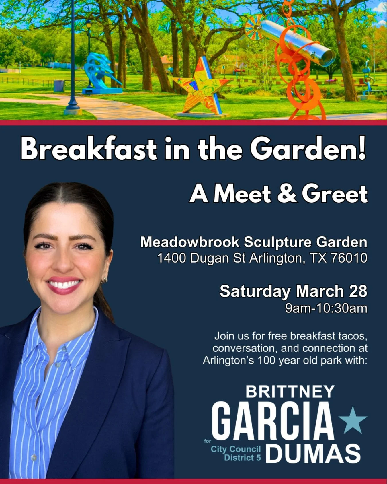 YOU&rsquo;RE INVITED‼️ To join us for a Meet &amp; Greet. Breakfast on us with connection and conversation in Arlington&rsquo;s 100 year old park! Bring your neighbors, friends, and family!

📍Meadowbrook Sculpture Garden
1400 Dugan St. Arlington TX,