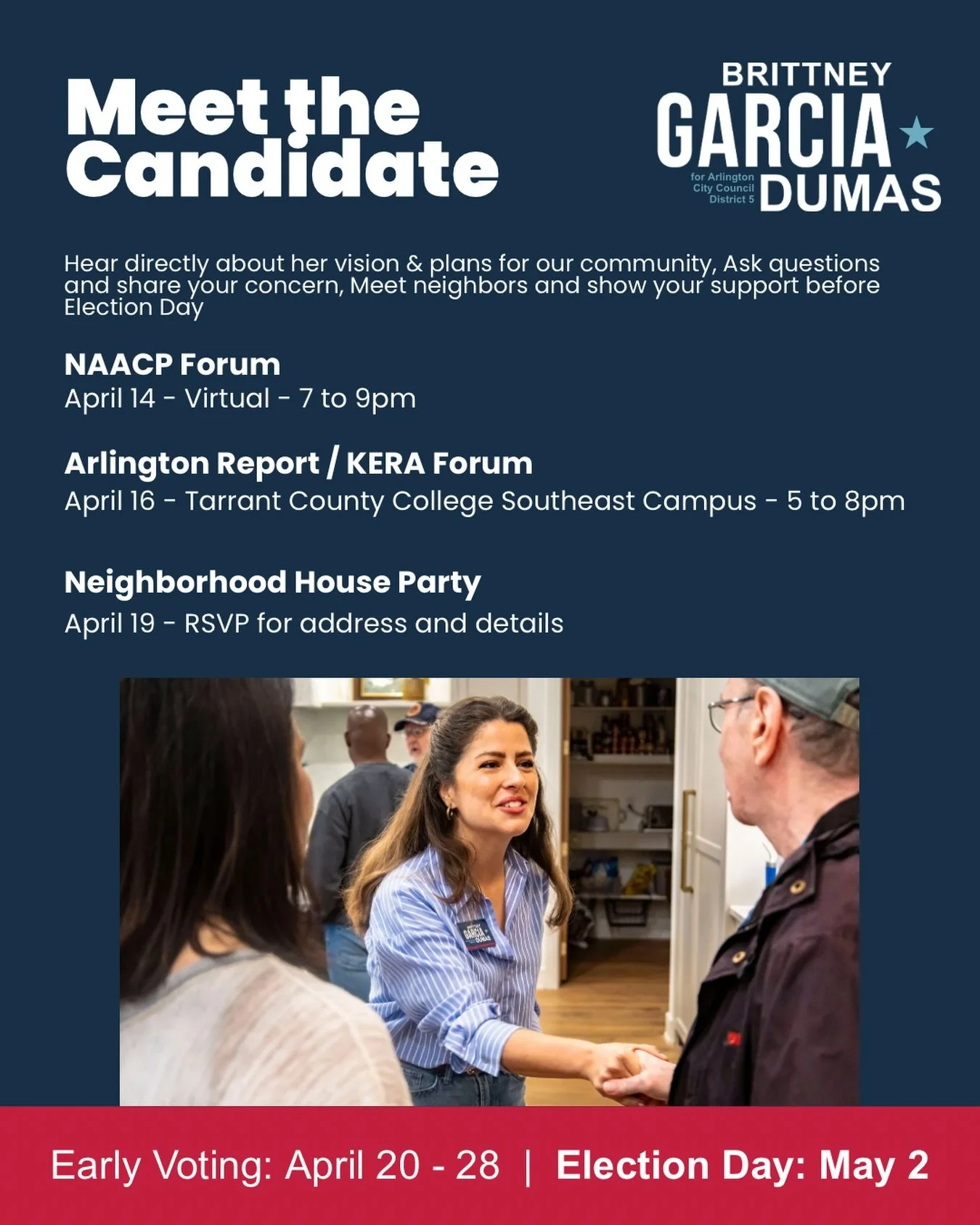 Early voting starts in 1 week.

Now&rsquo;s the moment to get informed before you head to the polls. Come meet me, ask your questions, and get ready to make your voice heard for a RESIDENTS FIRST Arlington!

RSVP to Neighborhood House Party: 817-502-