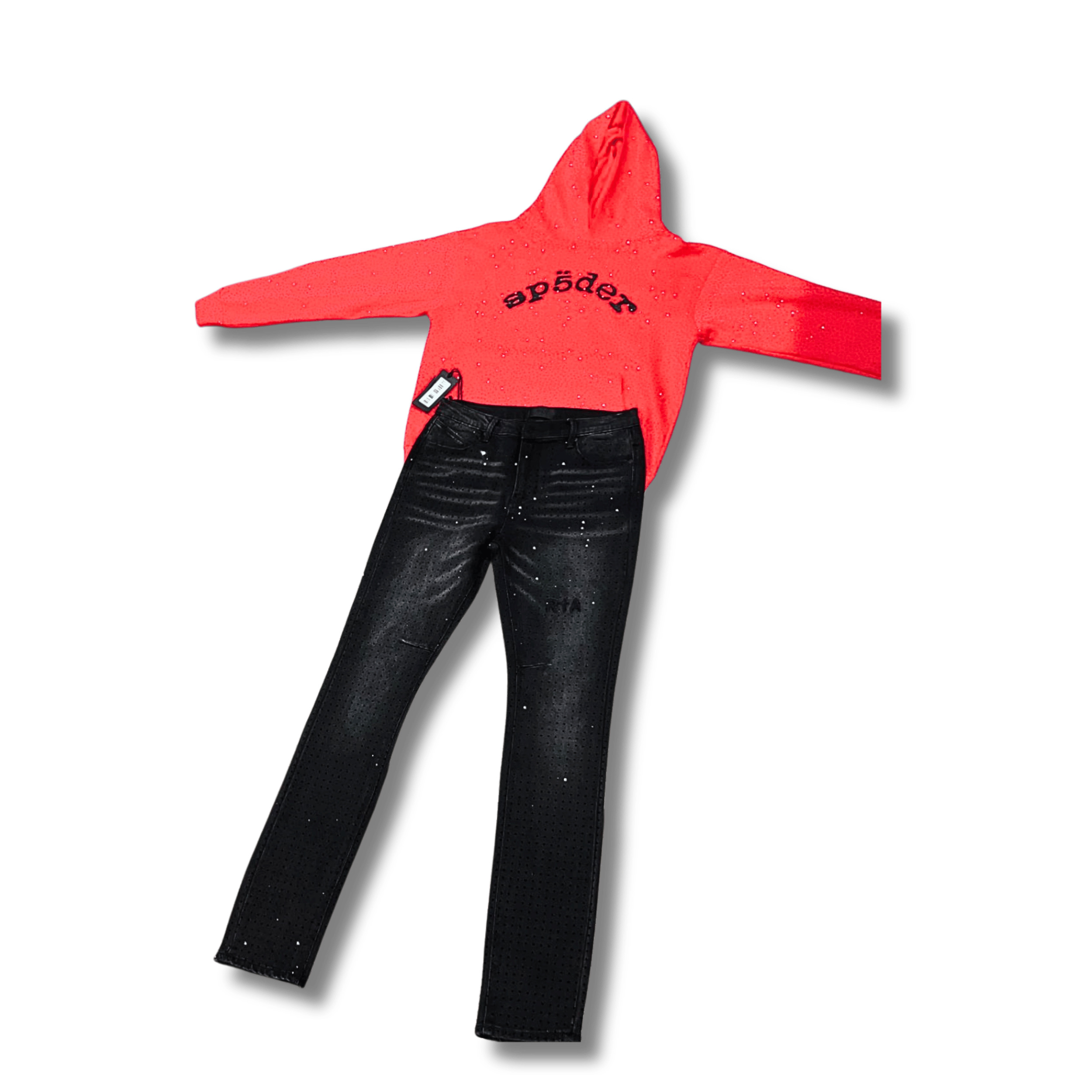 Red Sp5der VVS Hoodie and Black Denim Jeans