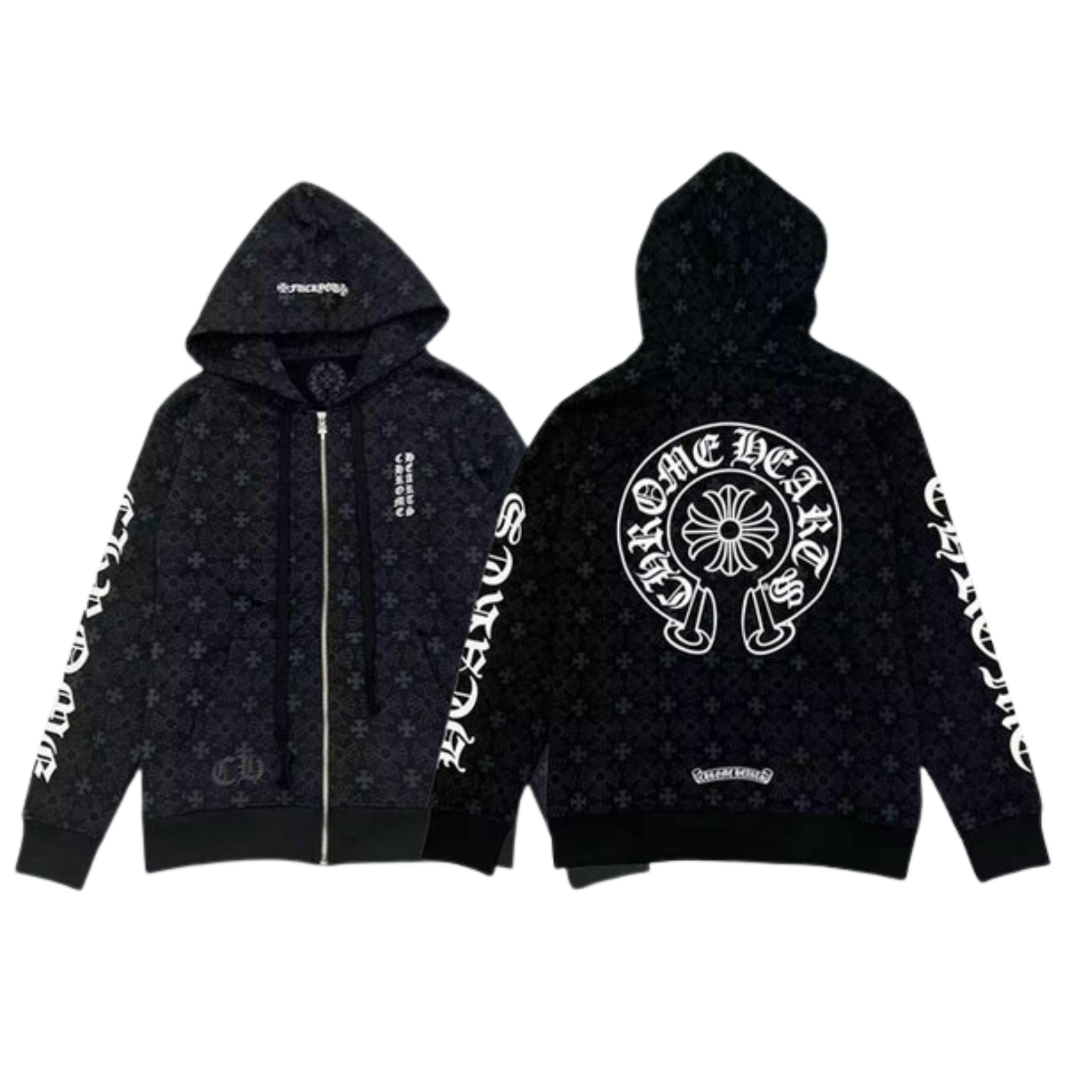 Black hoodie with white graphic print and text, featuring a flower emblem on the back and text on the sleeves and front.
