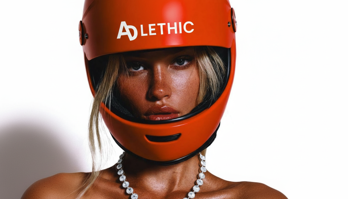 Frau trägt einen roten Motorradhelm mit der Aufschrift 'ADLETHIC' und eine Kette.