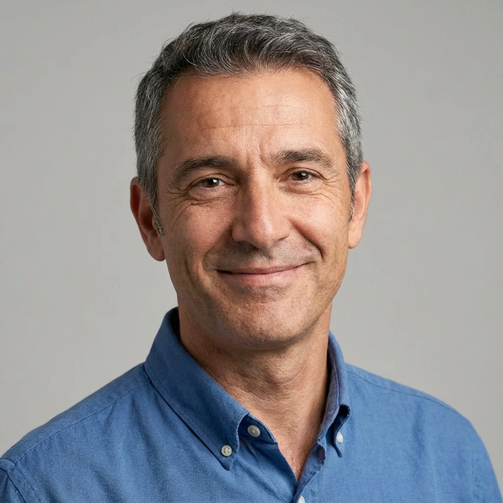 Mann mittleren Alters mit kurzen, grauen Haaren, trägt ein blaues Hemd und lächelt vor hellem, neutralem Hintergrund.