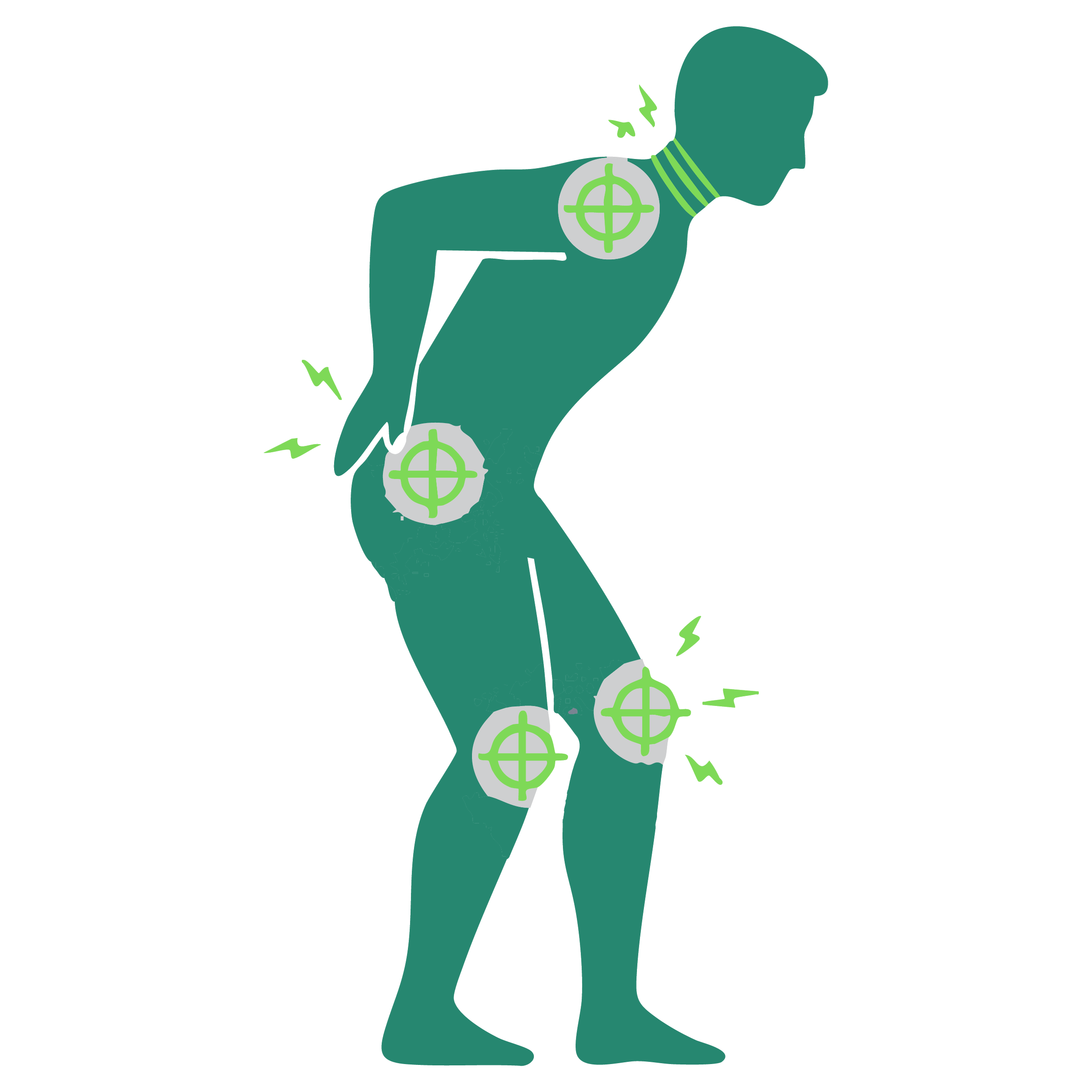An illustrated person holding their back with pain points marked at the neck, lower back, shoulder, and knee, each surrounded by target symbols, with lightning bolts indicating pain.
