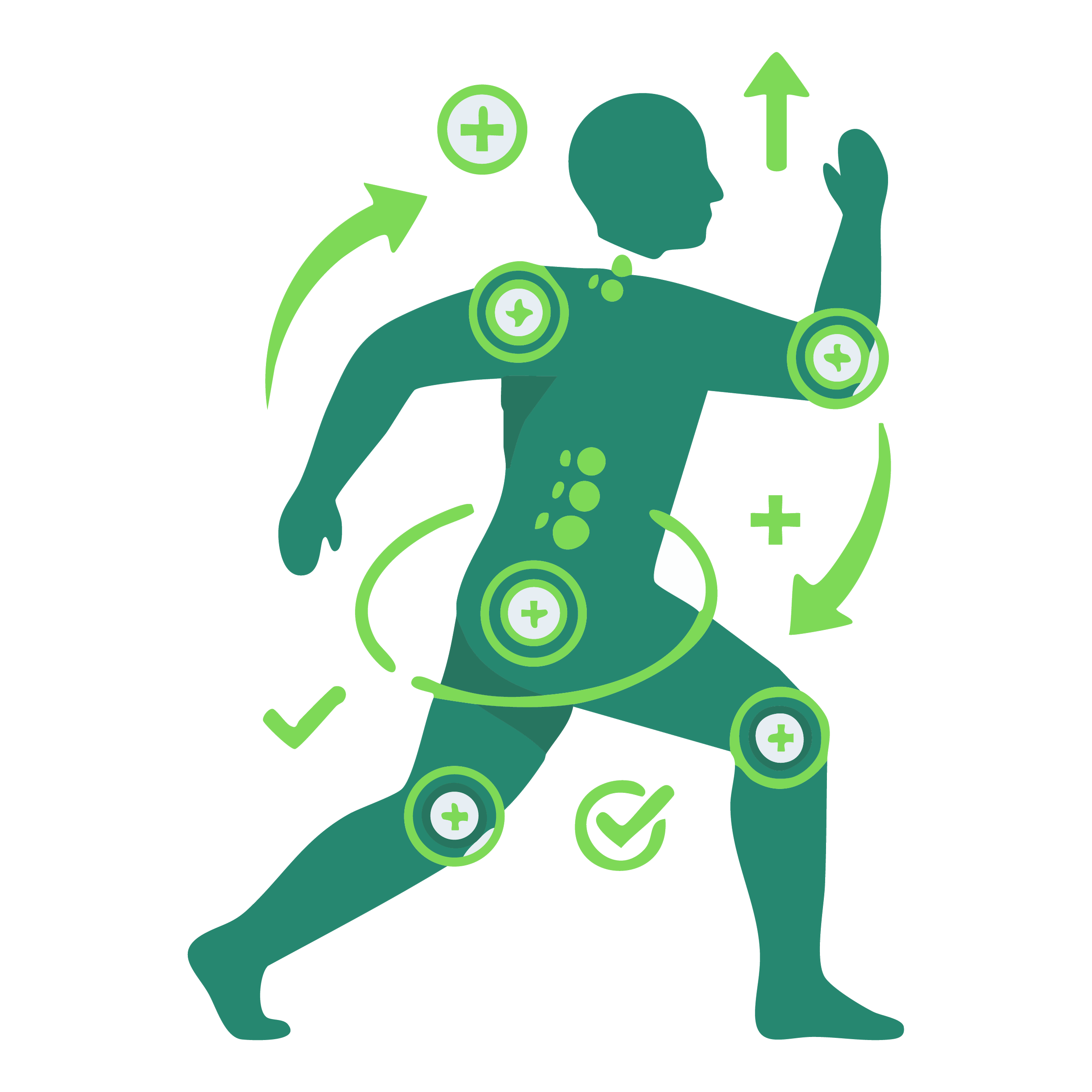 Illustration of a person running with various medical symbols and arrows indicating health, wellness, and physical activity.
