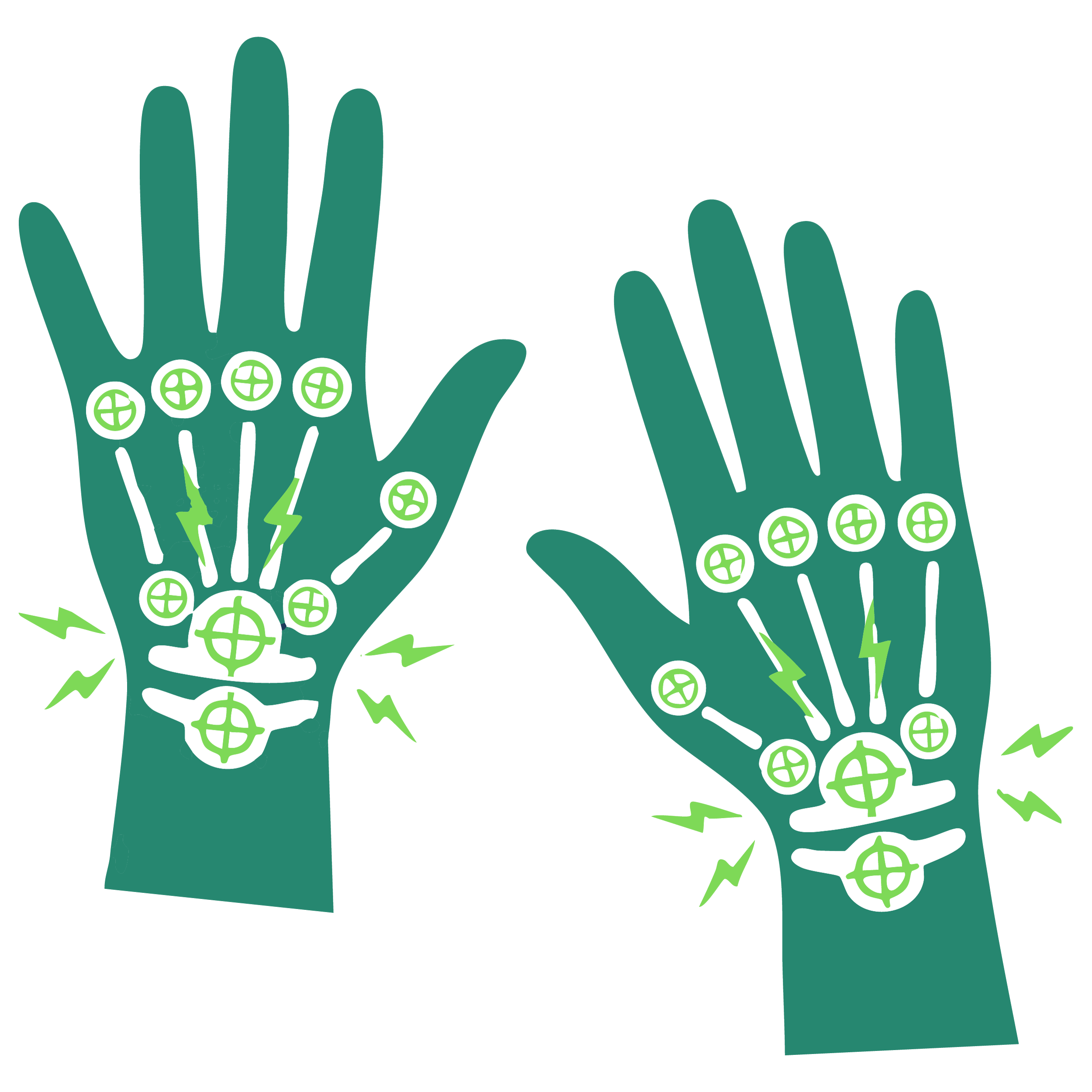 Illustration of two hands with electrical circuits, lightning bolts, and target symbols on palms, representing electrical shock or injury.