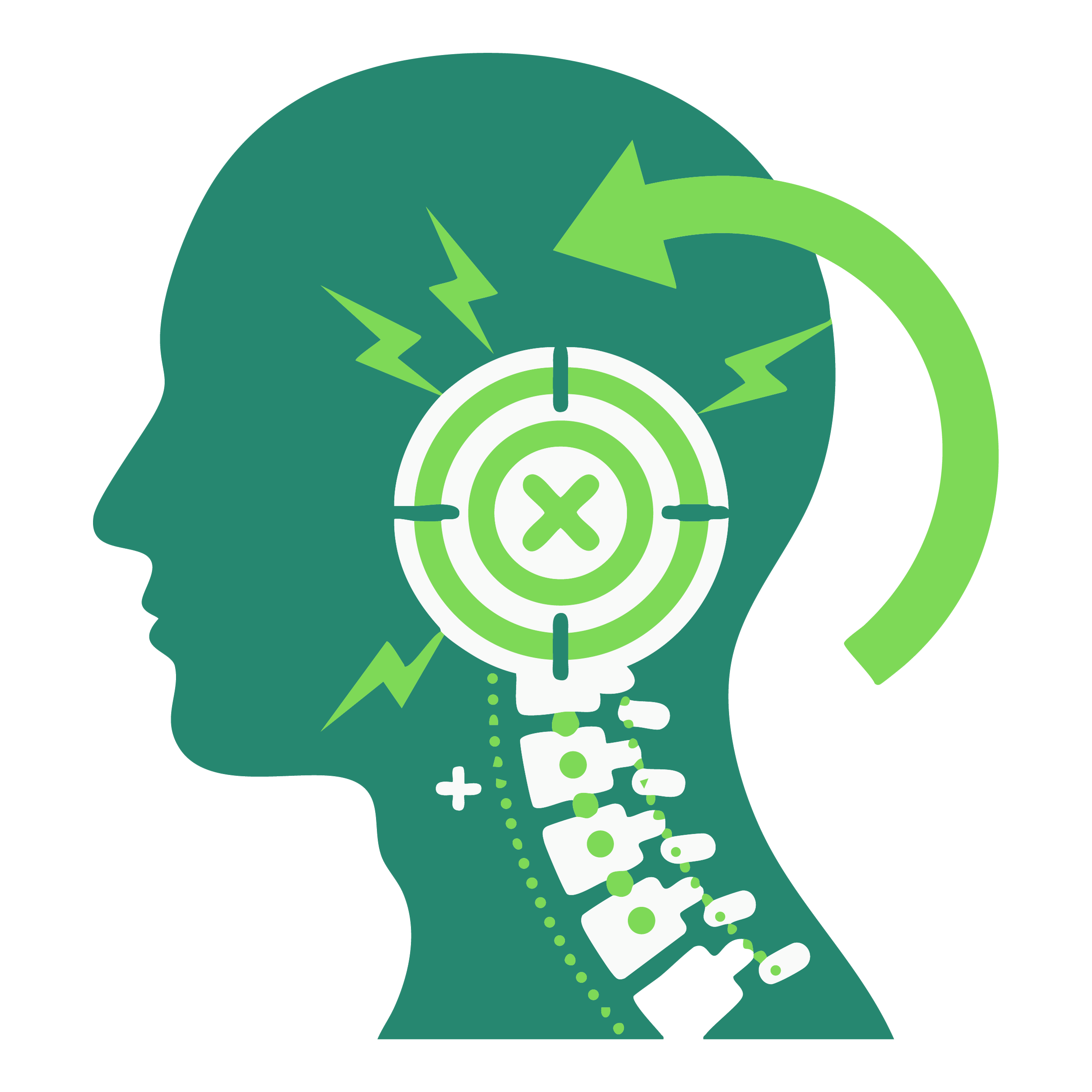 Illustration of a human head profile with a target in the brain, surrounded by lightning bolts, and an arrow circling the head. The neck has abstract shapes and dots, with a large green arrow pointing around the head.