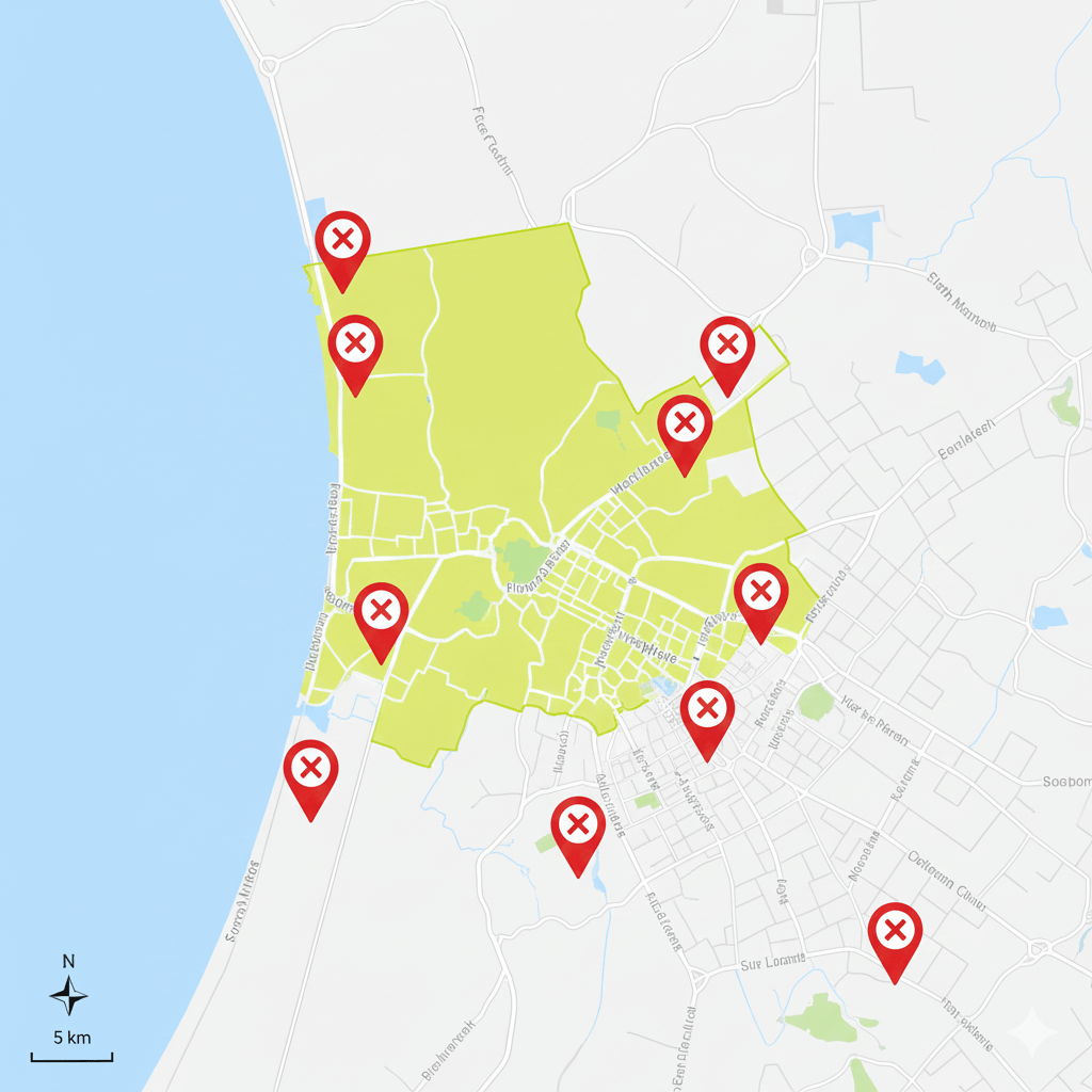 Map showing a city with multiple red location markers, some along the coastline, indicating specific points of interest or designated areas.