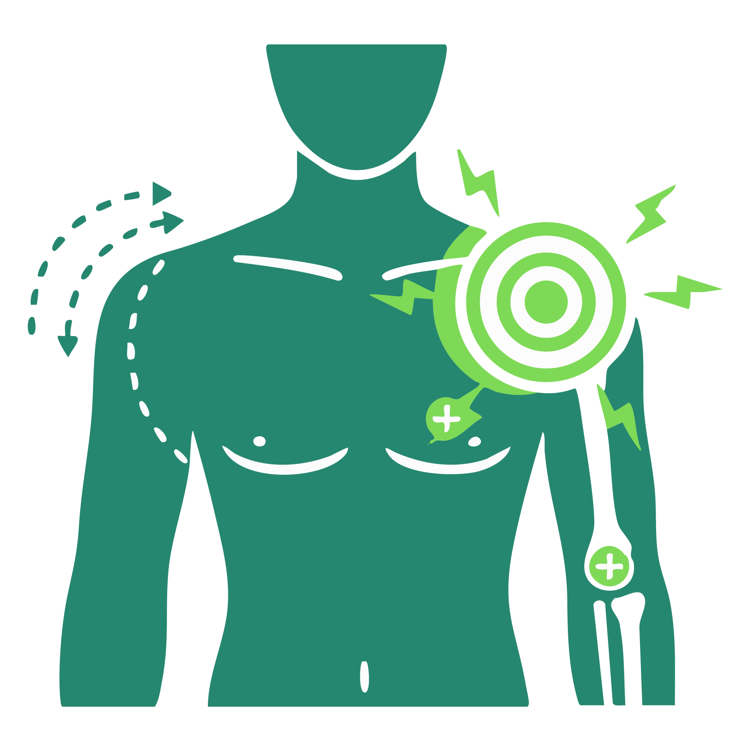 Illustration of a person's upper body with focus on the chest area, depicting pain or injury marked with a target symbol and lightning bolts, suggesting chest pain.