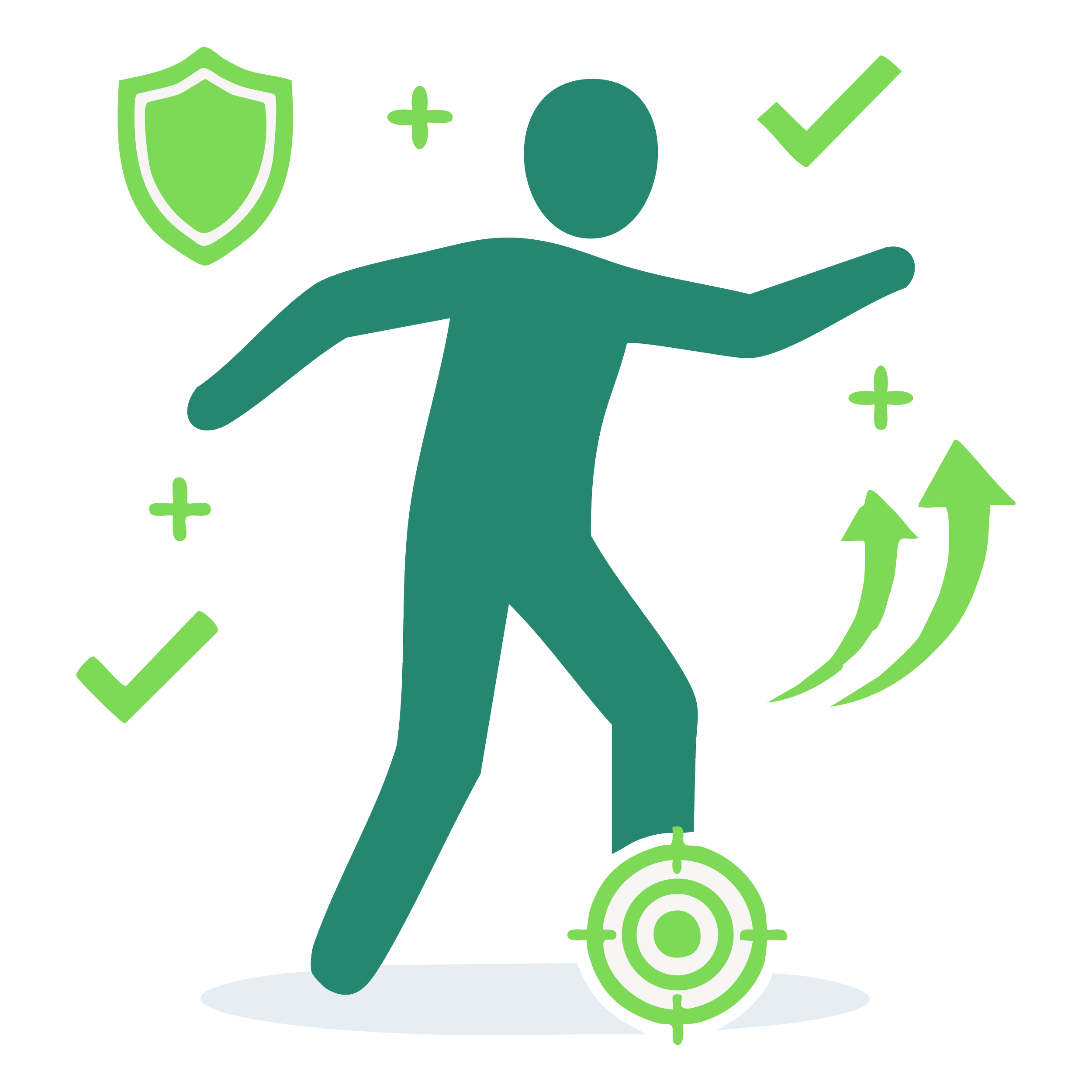 A stylized illustration of a person standing on a target, surrounded by check marks, plus signs, and upward arrows, symbolizing health, protection, and growth.