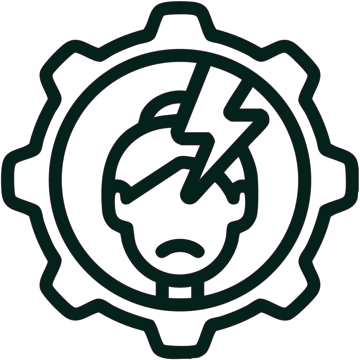 A gear-shaped icon featuring a lightning bolt over a head, representing restorative chronic pain management and headache relief services in Perth.