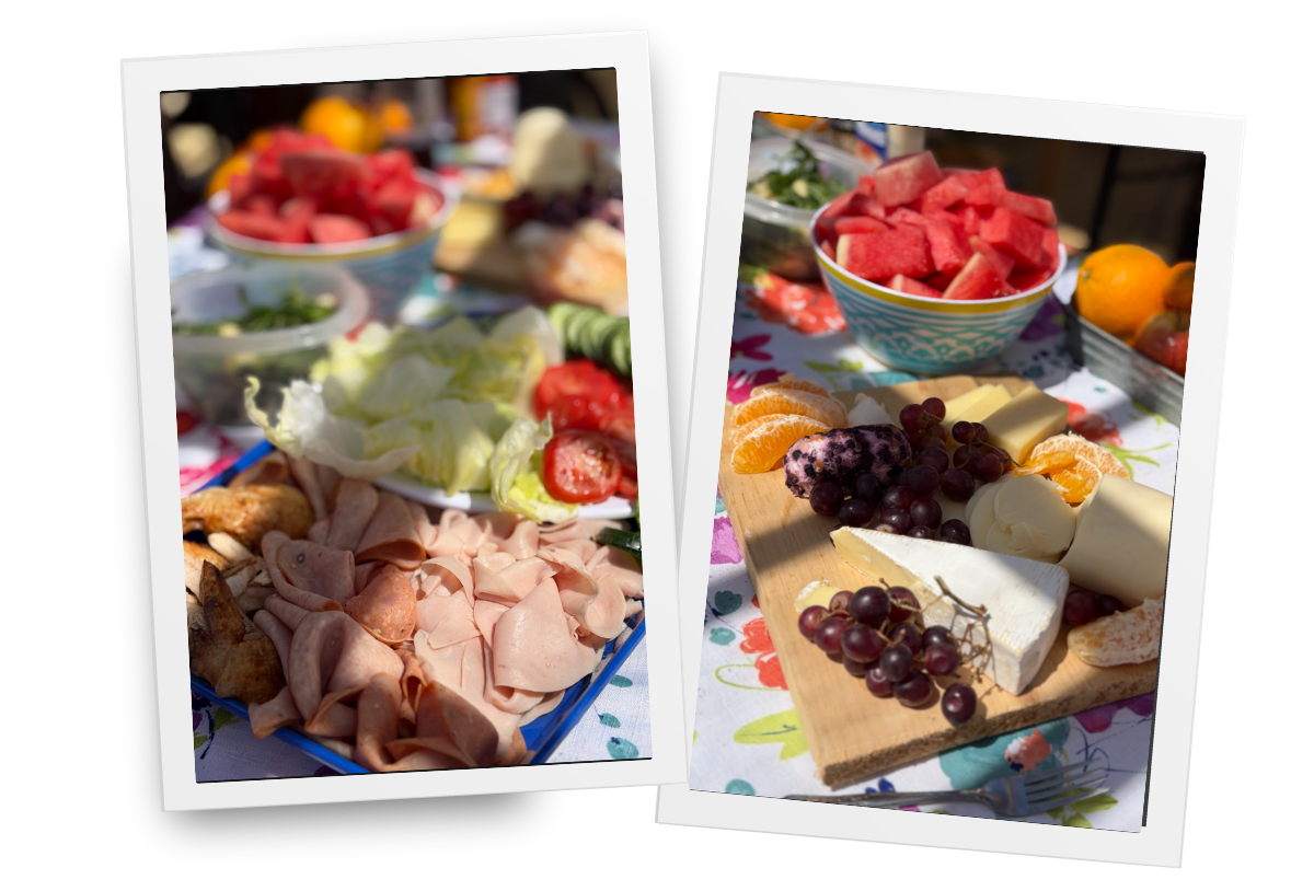 Two polaroid images: one showing a table with cured meats, sliced vegetables and fruit in the background.  The other showing grapes, cheeses and fruits laid out on a wooden board with a floral tablecloth.