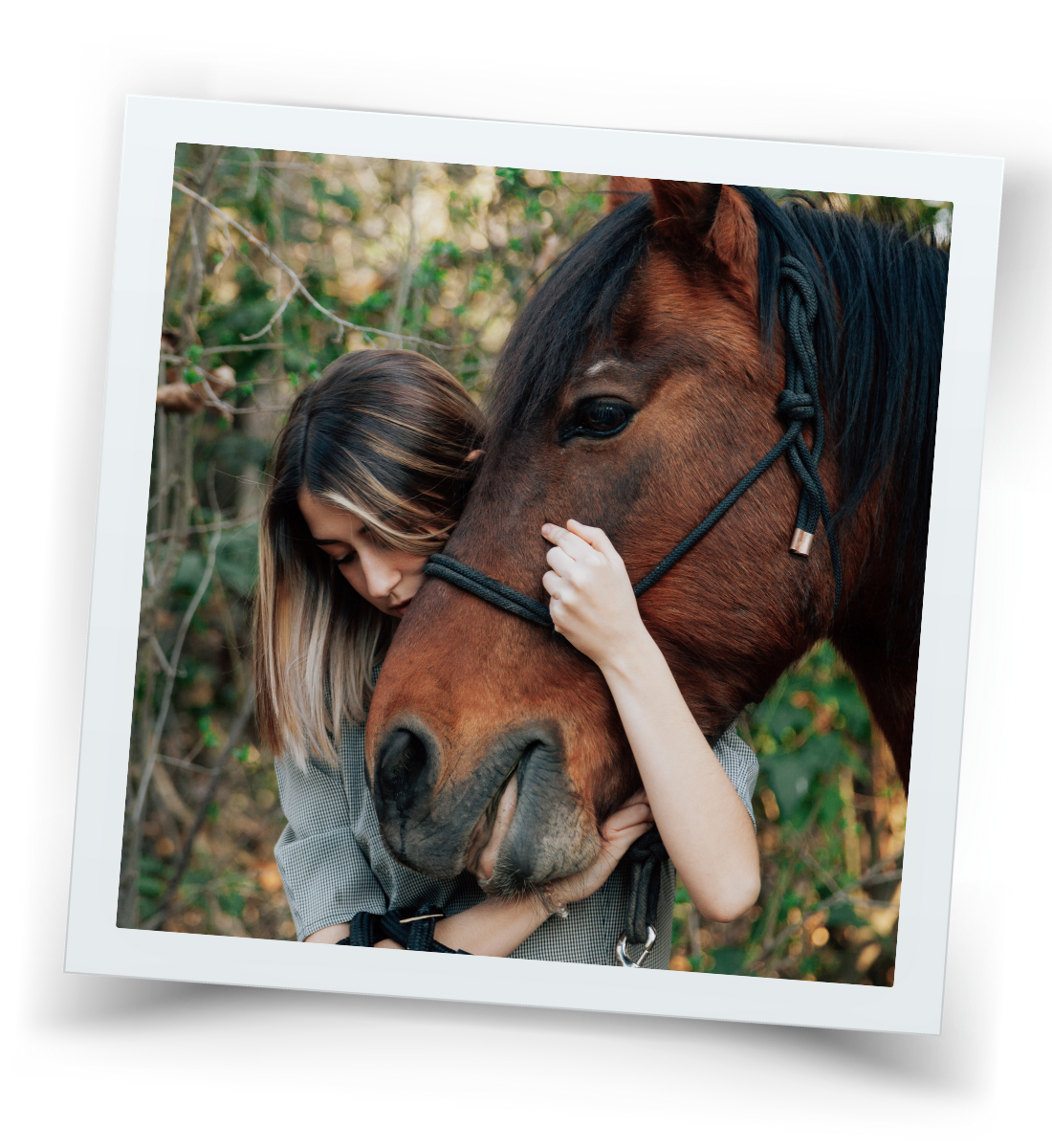 A young person gently resting against a calm horse, showing quiet connection and trust at HorseSpeak ranch.