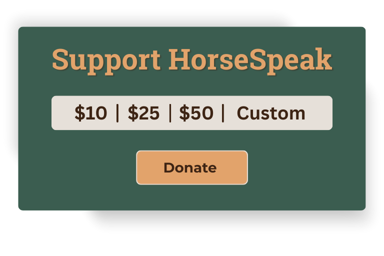 Donation options to support HorseSpeak, including preset amounts and a donate button.