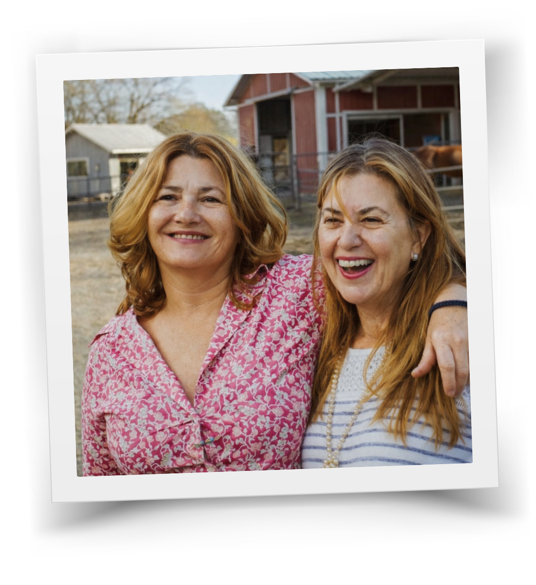 Two women standing together at the HorseSpeak ranch, smiling with their arms around each other, with barns and horses in the background.