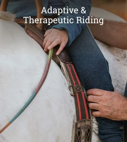A child seated on a horse during an adaptive and therapeutic riding session, with an adult providing steady support at the saddle.