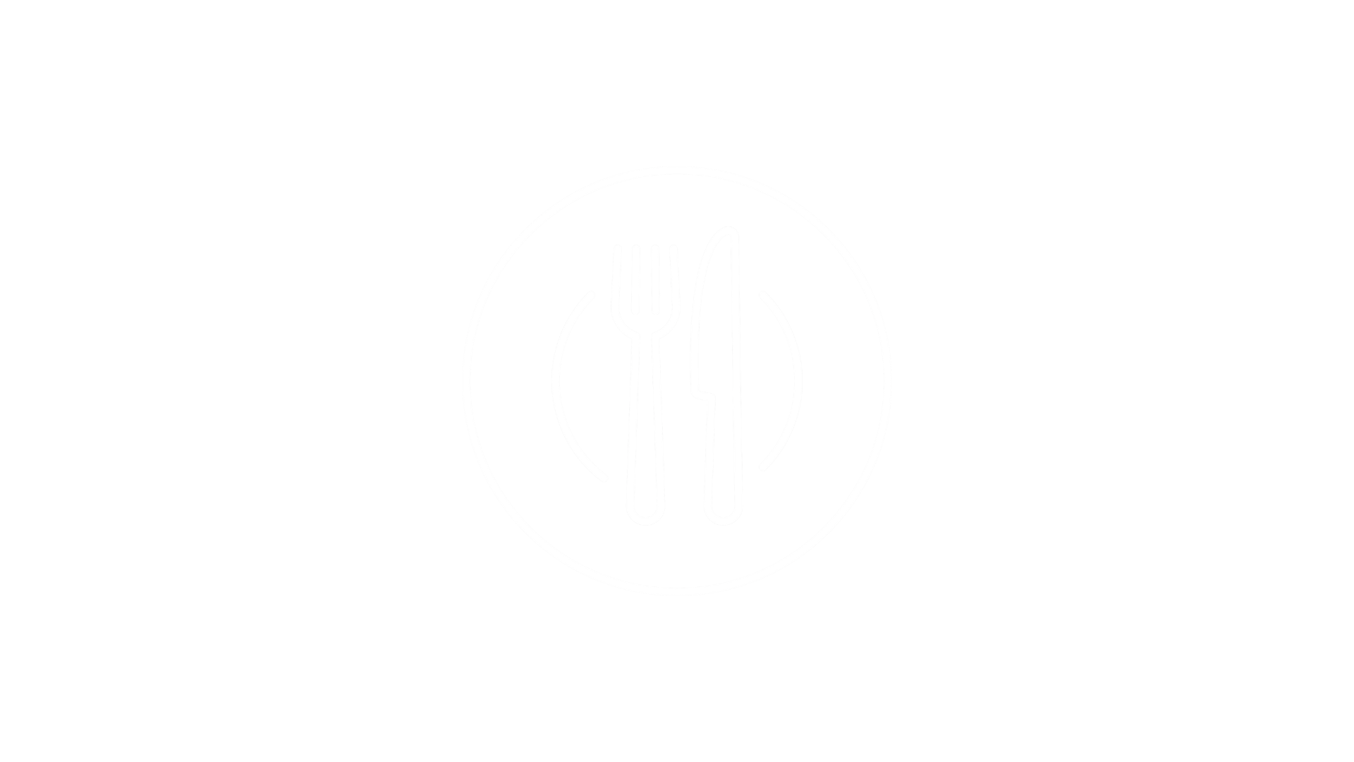 Black background with a white outline of a plate with a fork and knife in the center.