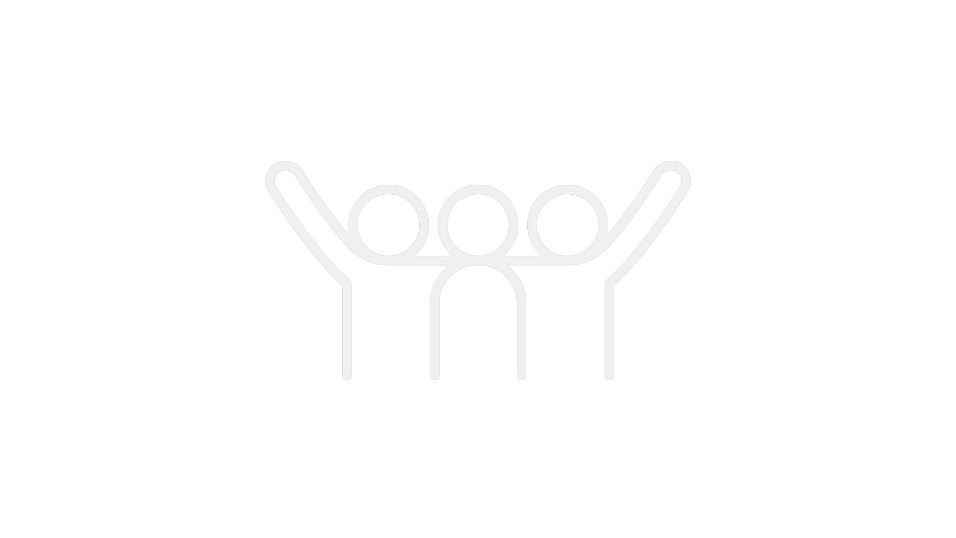 Neon sign of three abstract human figures with arms raised, symbolizing teamwork or community.