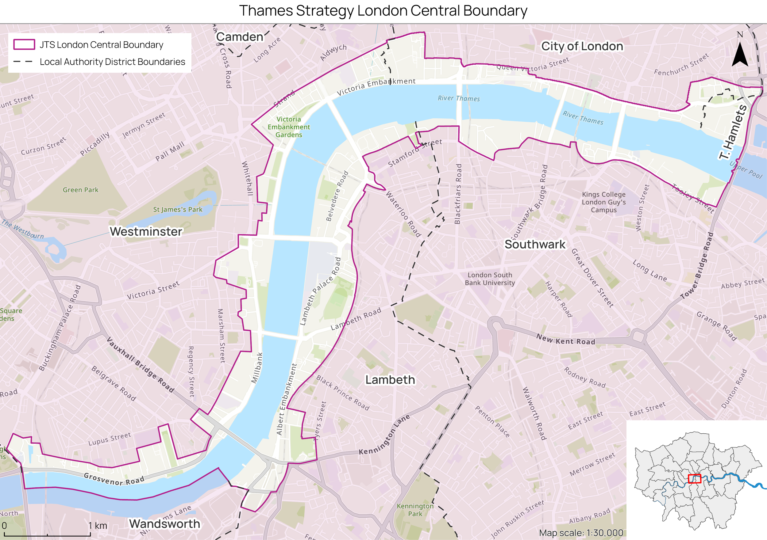 Topographic map of the Thames Strategy London Central section. The map has a pink background that differentiaties the strategy area from the rest of the map