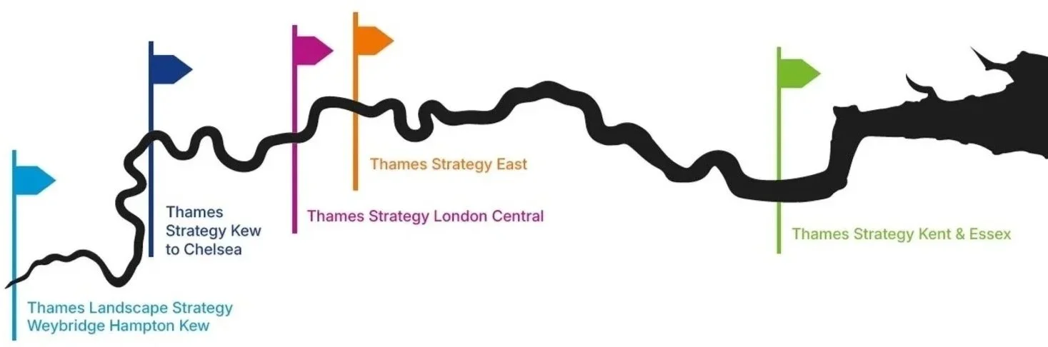 Graphic of the whole of the Thames Estuary. Each individual strategy is demarcated with a flag and with the names of each of the strategies across the river.