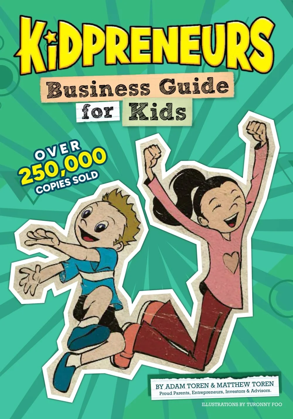 Colorful book cover titled "Kidpreneurs Business Guide for Kids" featuring cartoon children happily jumping, with a background of green rays, and texts indicating over 250,000 copies sold.