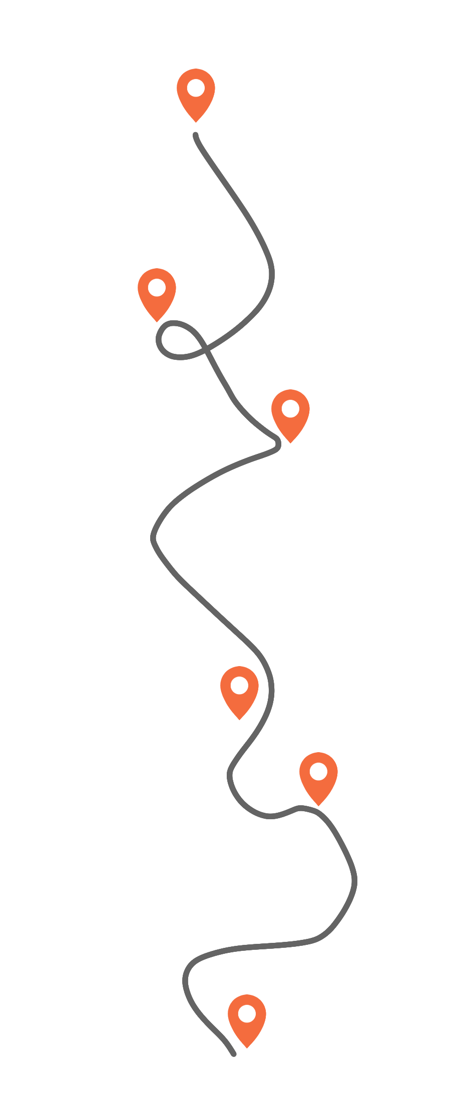 A simplified map showing a winding route with five orange location markers evenly spaced along it.