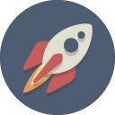 Cartoon rocket ship with a red flame in a dark blue circle background