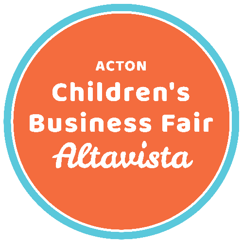 A circular badge with an orange background and white and blue border for the ACTON Children's Business Fair in Altavista.