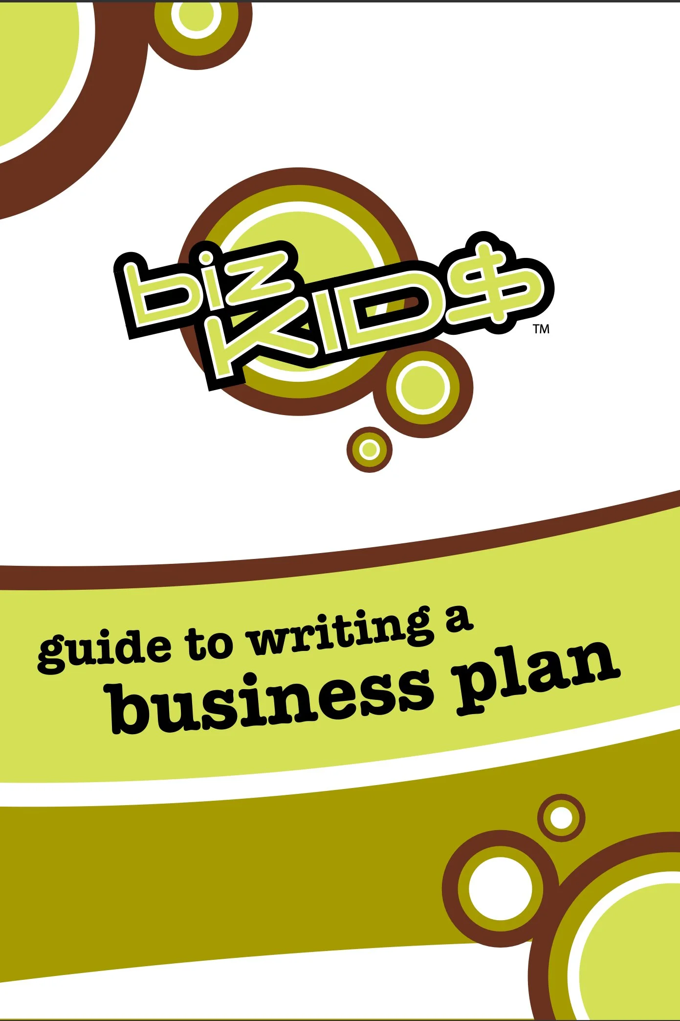 Cover of a guide titled 'Big Kid Guide to Writing a Business Plan' with a green, brown, and white circular design.
